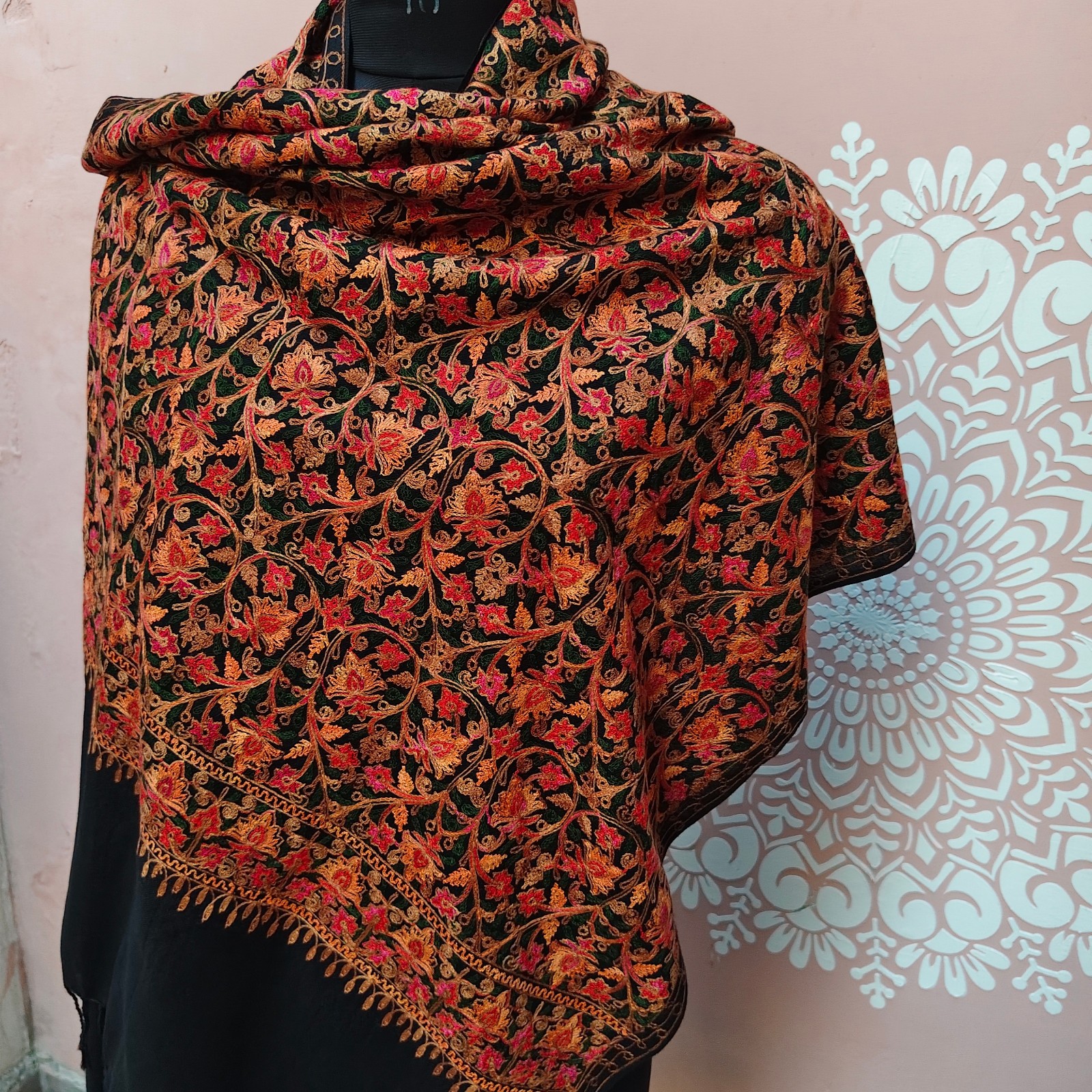 KASHMIRI BLACK CREWEL ALL EMBROIDERED FLORAL SILK PASHMINA STOLE