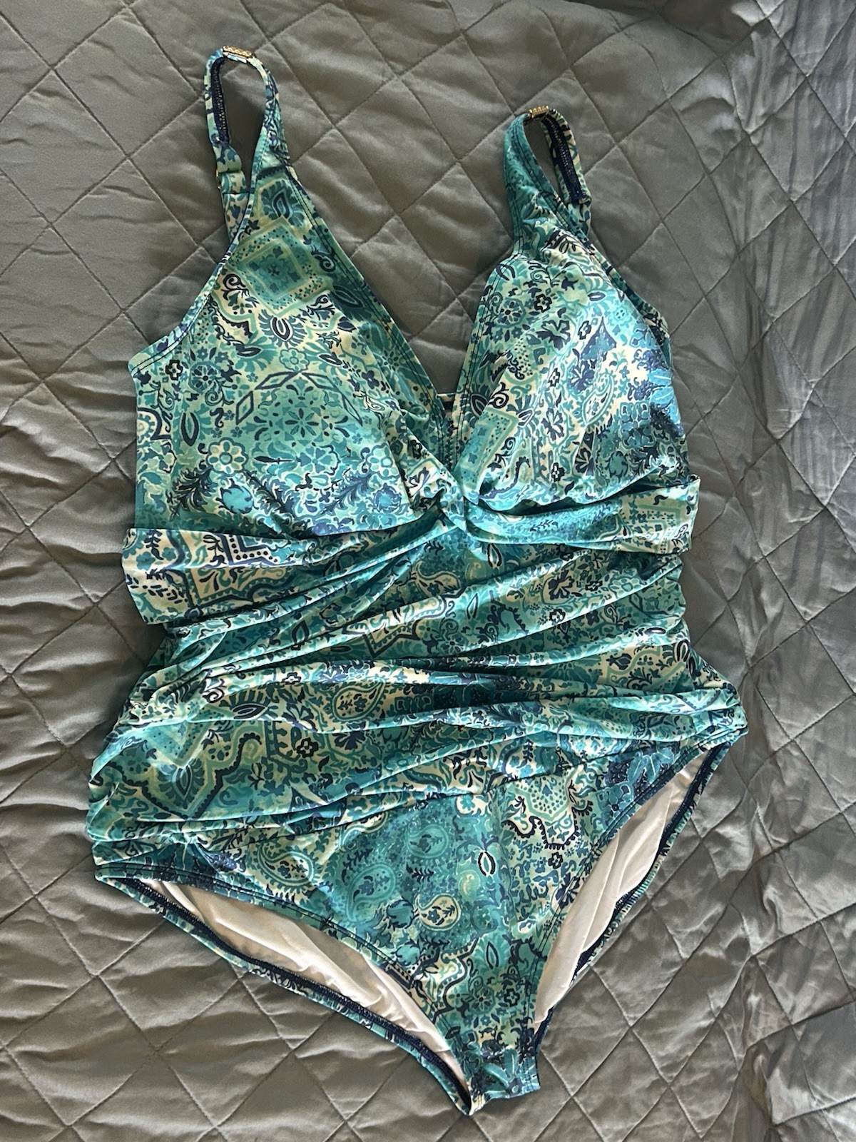 Lauren Ralph Lauren Blue Turquoise Swimsuit 22W Side Boning Tankini 1 Pc Gold