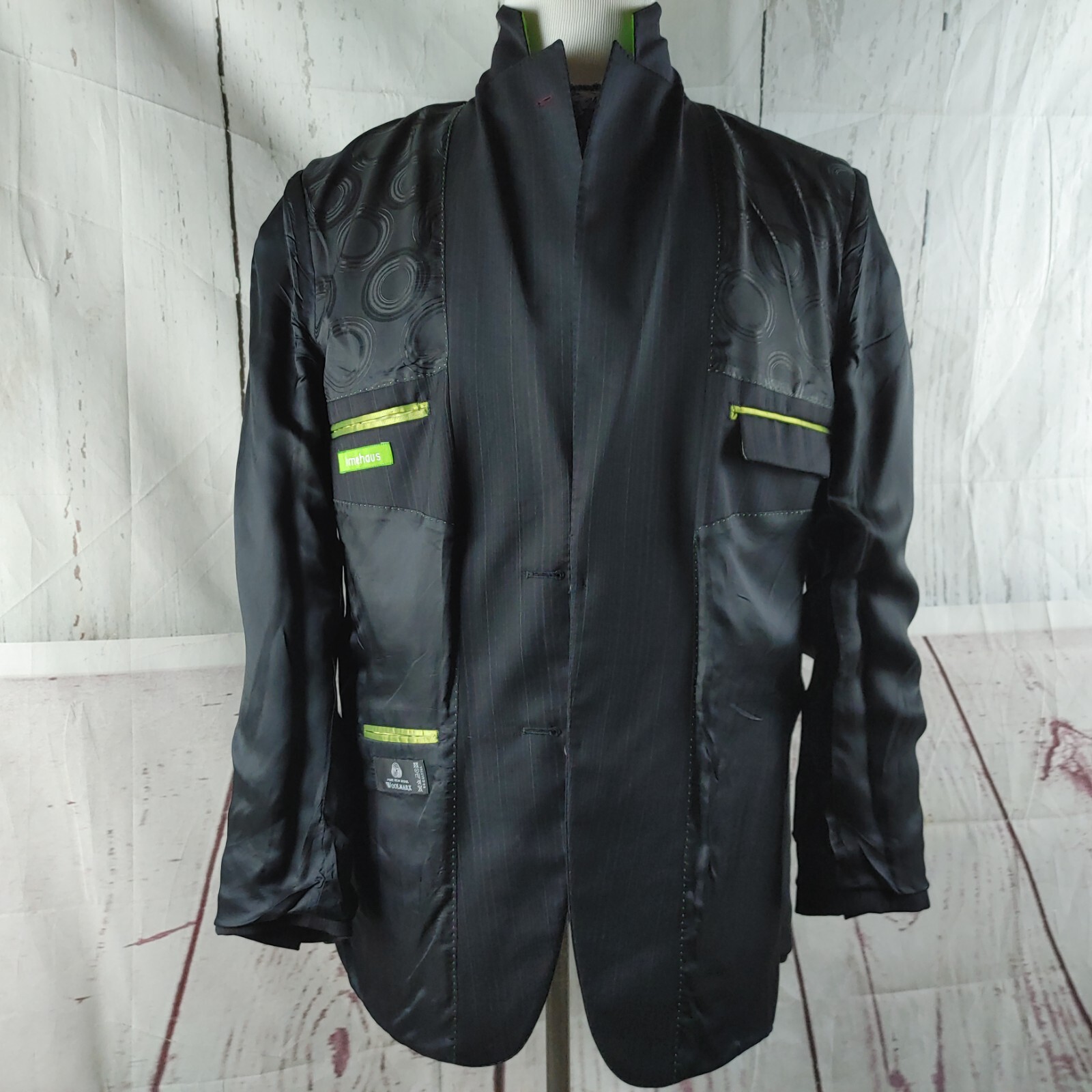 Limehaus 40R Wool 2 Button Charcoal Black Pinstripe Stitched Lapel Suit Blazer