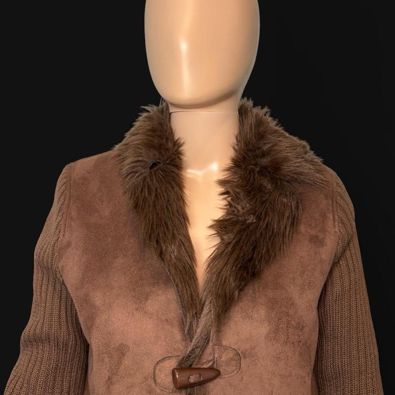 Montanaco Women’s Brown Faux Suede Faux Fur Trim Toggle Short Lined Jacket XS