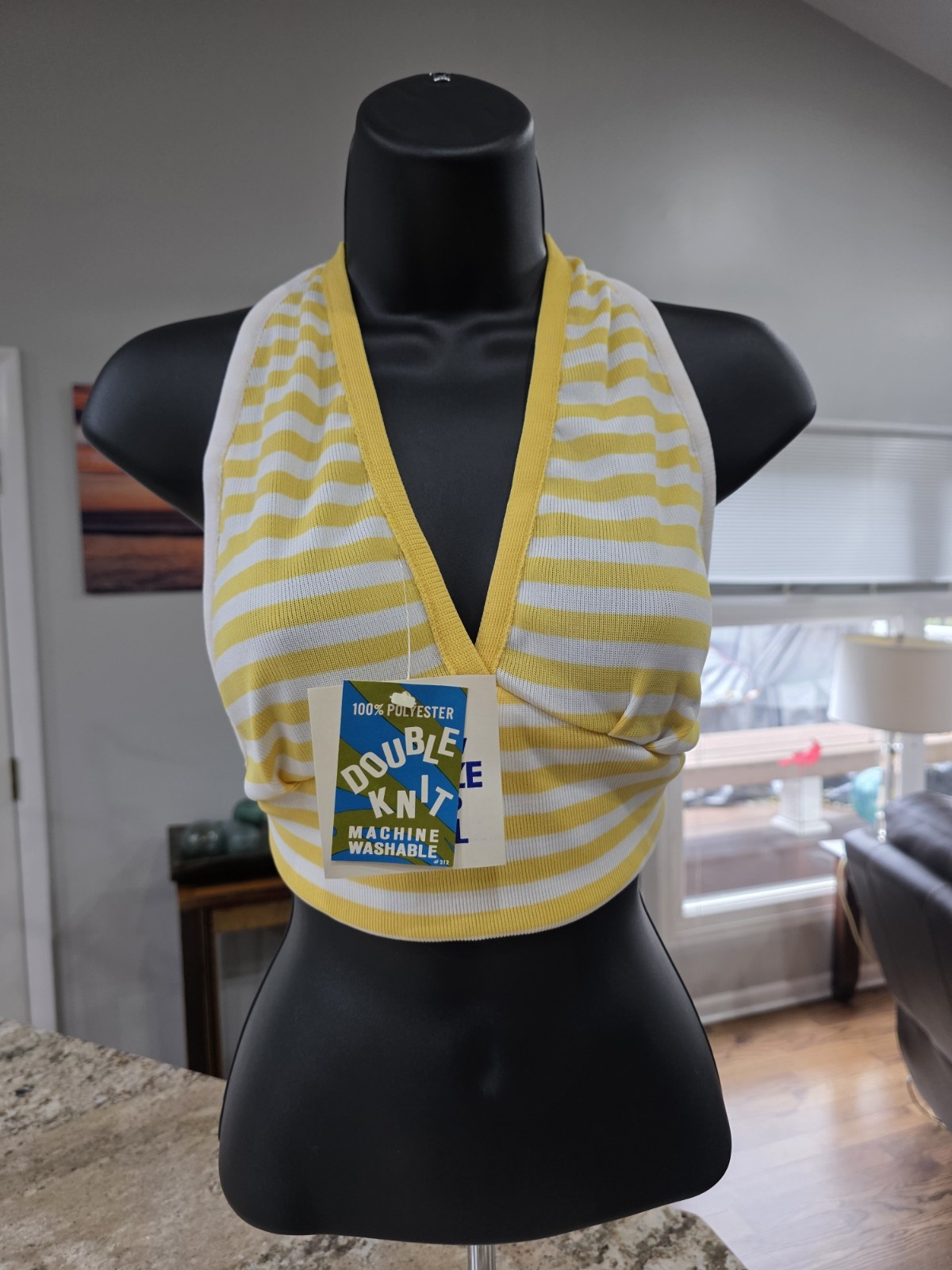 NOS Vtg 1970s Halter Top Double Knit Deadstock One Size Fits All Blue / White