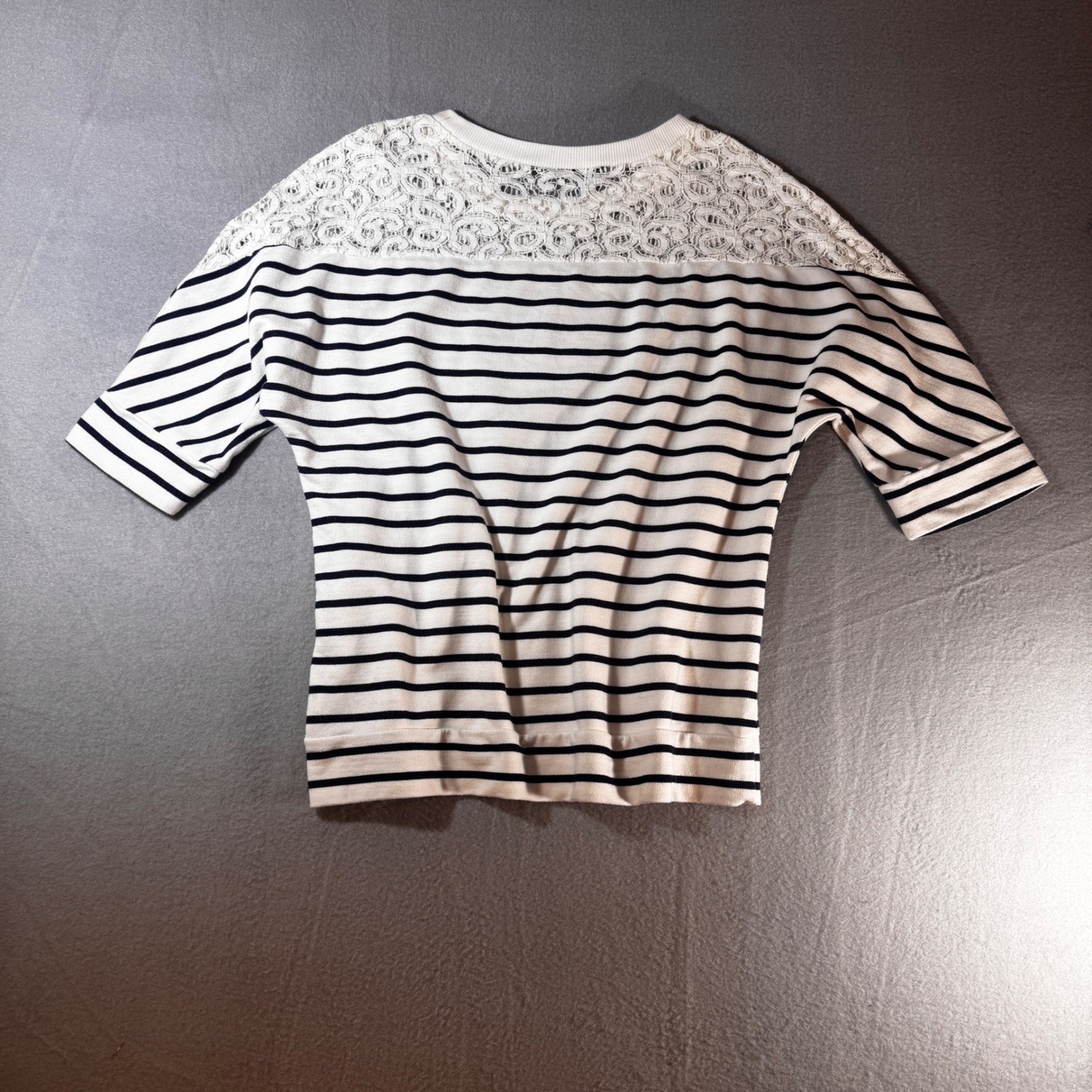 ana A New Approach Striped Lace Yoke Batwing Sleeve Top White Navy Large