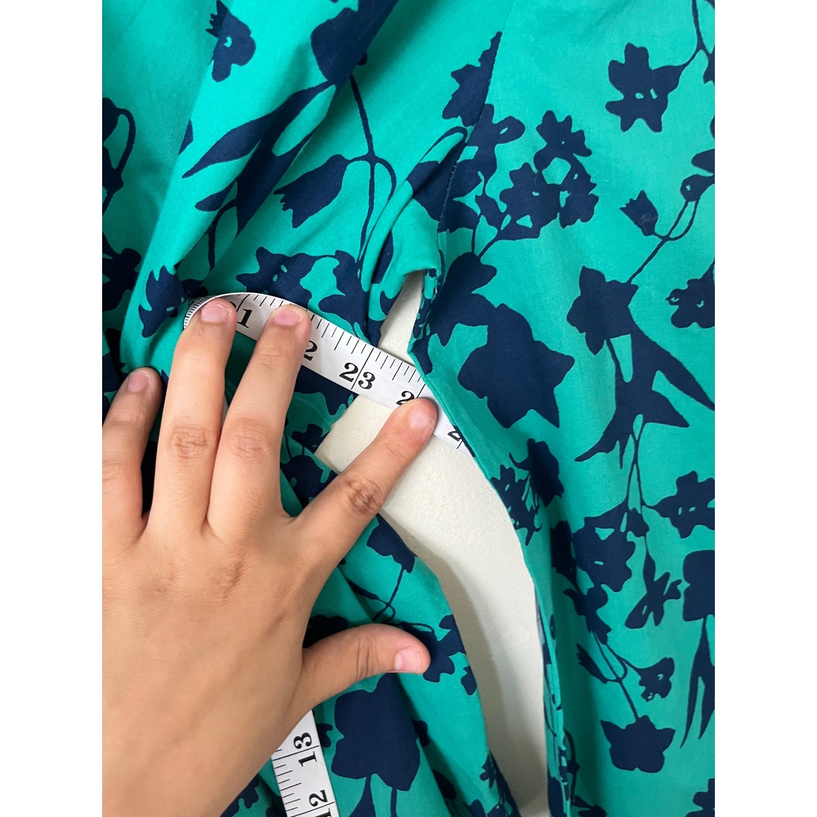 Candace Cameron Teal Green Navy Blue Floral Cotton Blouse Long Sleeve M boho