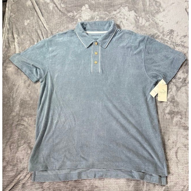 Nautica Spa Collection Terry Cloth Polo Shirt Blue Gray Cotton Bamboo Mens L NWT