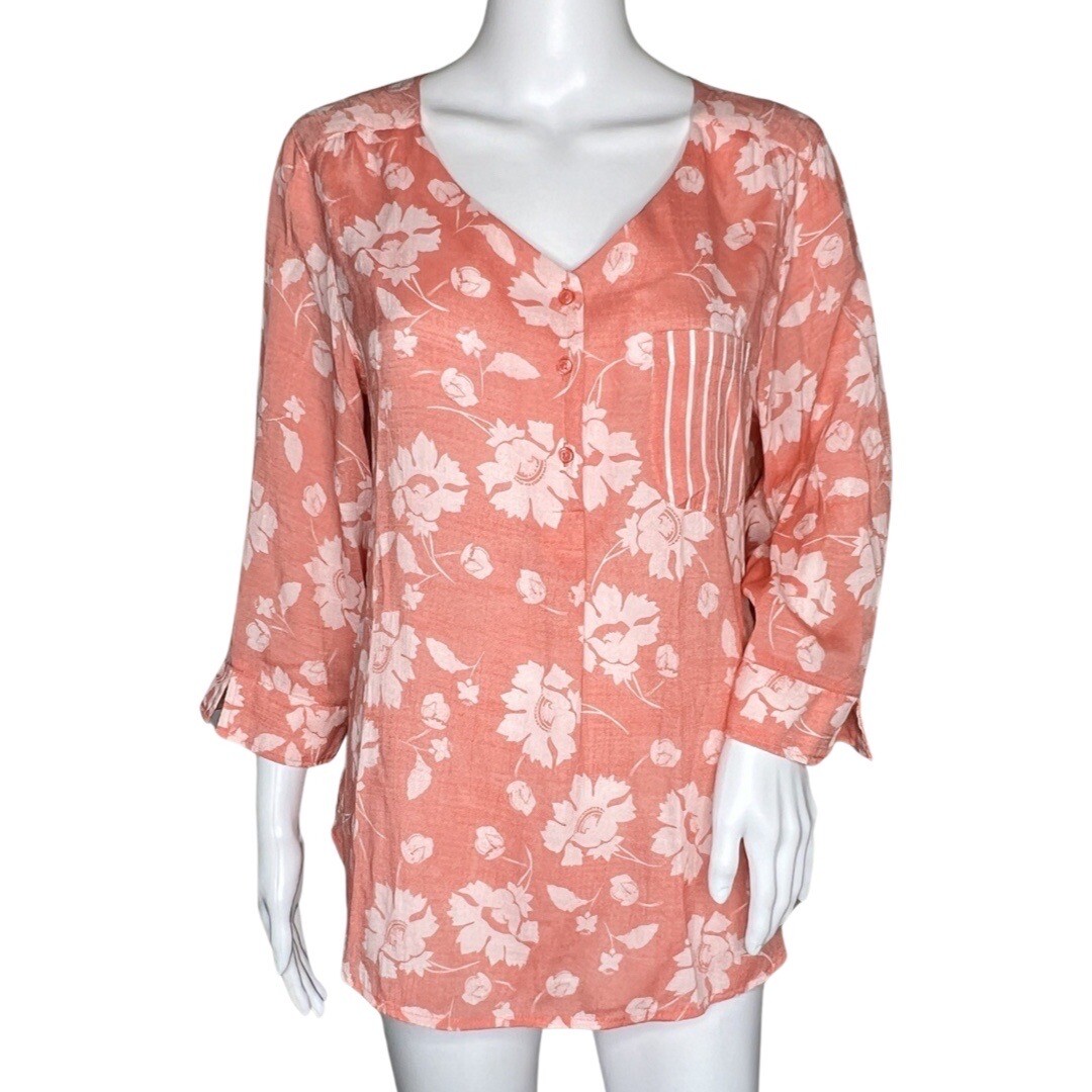 Christopher & Banks Shirt Womens Large Orange Floral Striped Bohemian Peasant