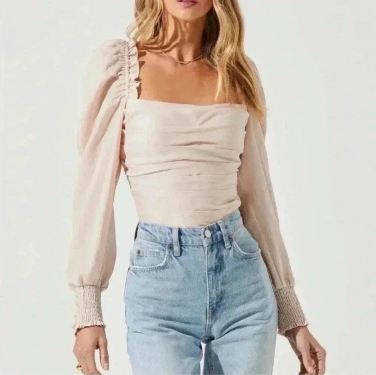 NEW ASTR Puff Long Sleeve Blouse Off Shoulder Blush Sz XL Smocked Cottagecore