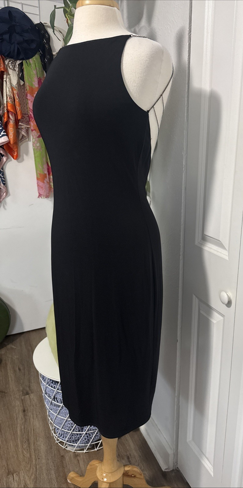 Vintage Laundry By Shelli Segal Black Open Back Midi Dress Minimalist 90s Y2K