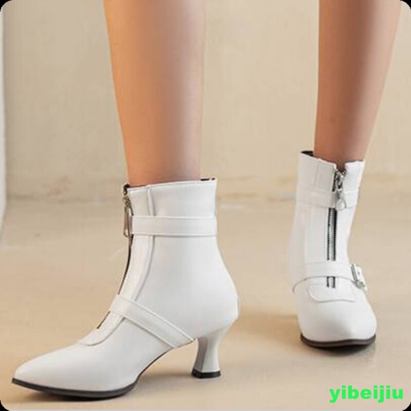 Belt Women’s Kitten Mid Heel Front Zipper Ankle Boots Shoes Cowgirl Denim Retro