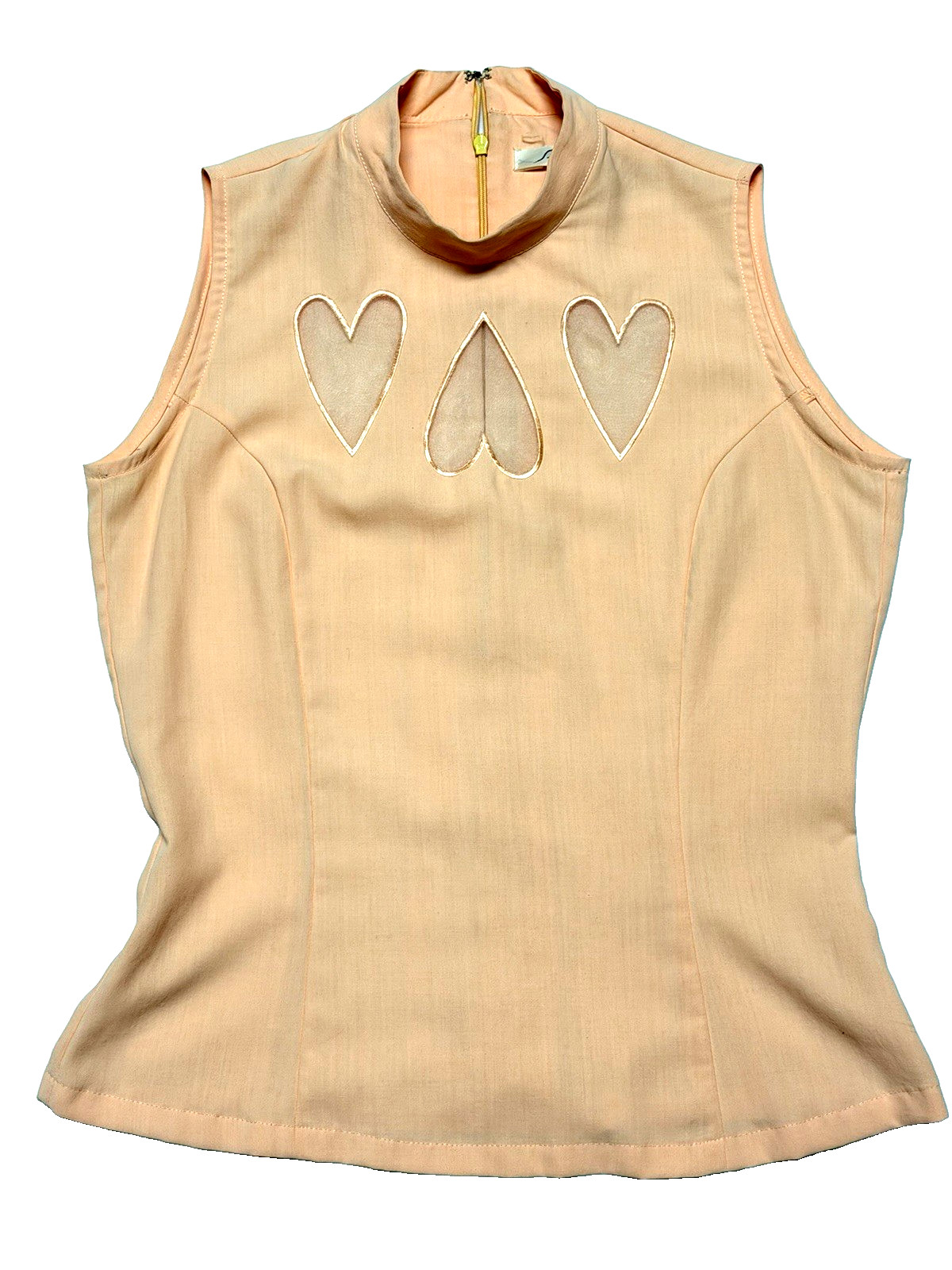 Vintage 90s Seize Sleeveless Mock Neck Top Salmon Pink Heart Cutout Sheer S Y2K