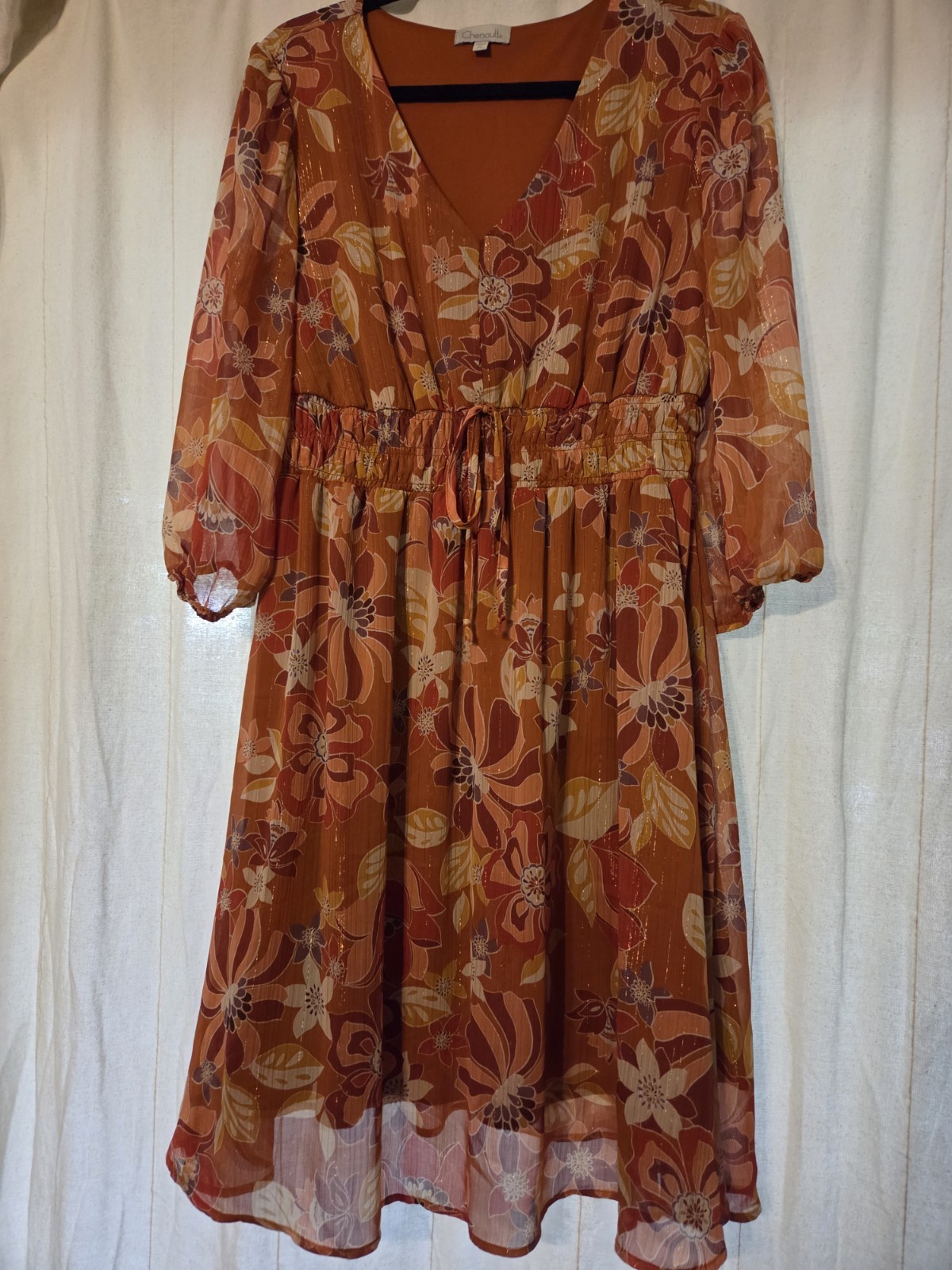 Chenault Fit & Flare Floral V-Neck 3/4 Sleeve Knee Dress Orange XL