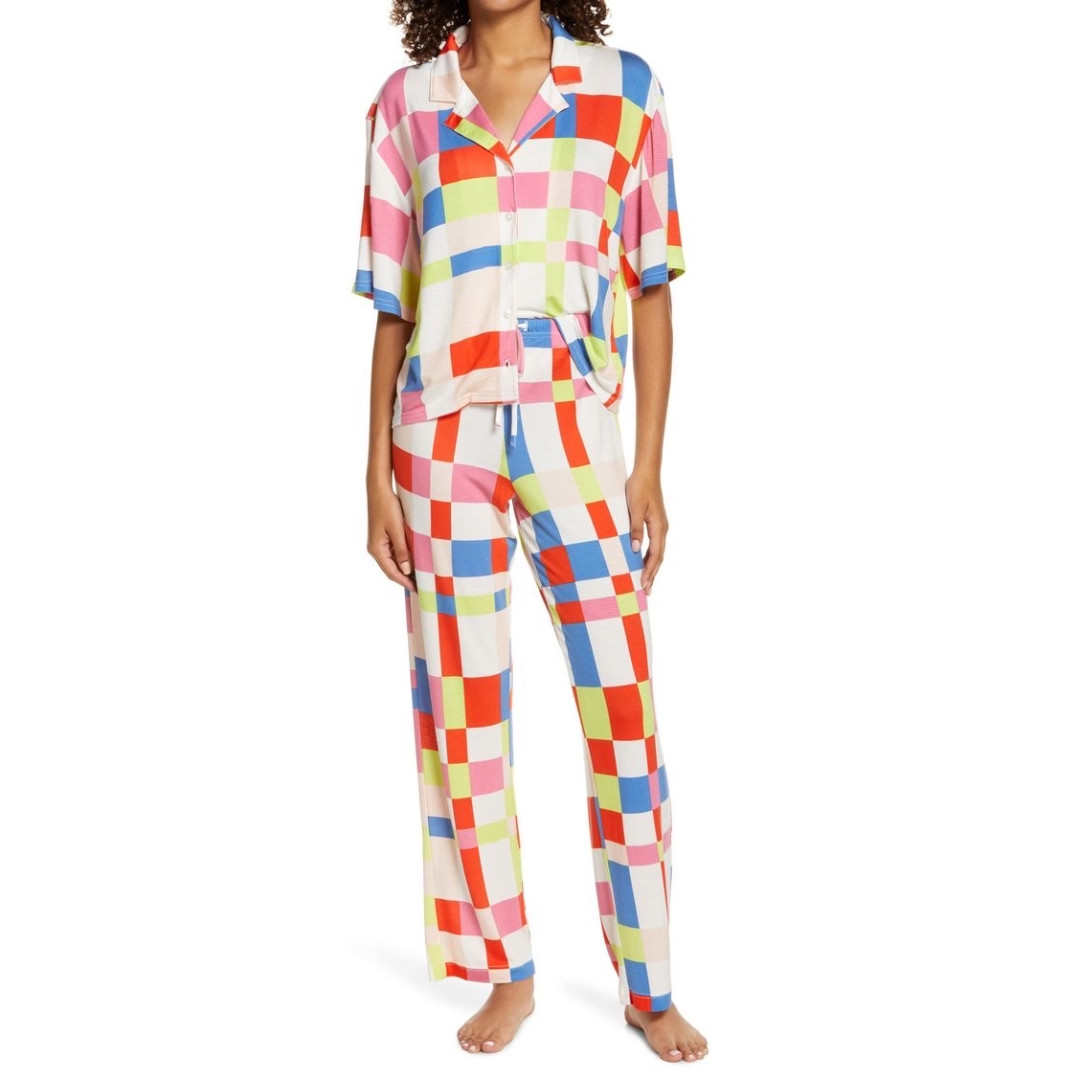 NWT BP NORDSTROM Women’s Sleep Head Pajamas in Ivory Egret Happy Plaid Sz Small