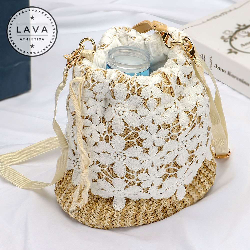 Bucket Bags Women Rattan Woven Straw Handbag Summer Beach Boho Bag Crossbody Bag