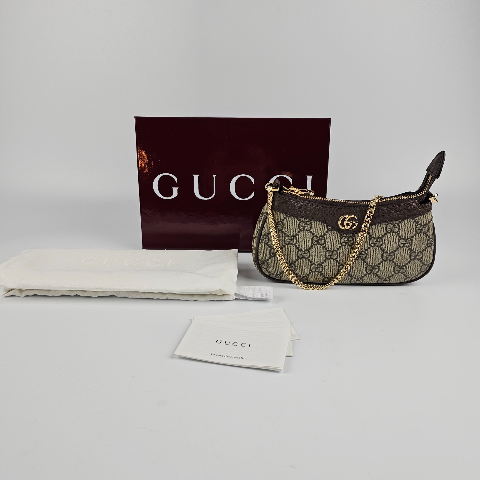 GUCCI Ophidia Mini $950 Beige And Ebony GG Canvas Shoulder Bag New