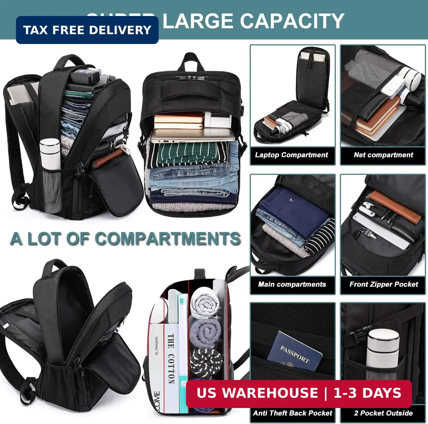 Extra Large Backpack for Men 50L,Water Resistant 17.3 inch Travel Laptop Backpac