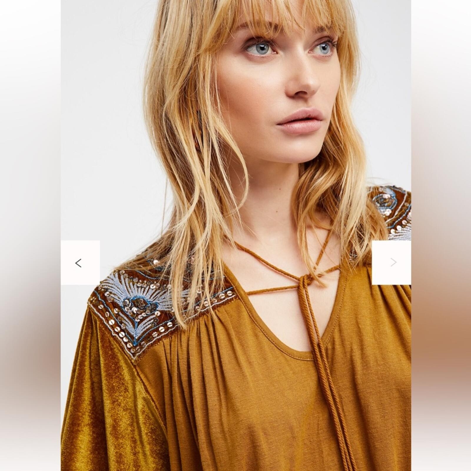 Free People Hearts Aflame Oversized Gold Velvet Embroidered Blouse
