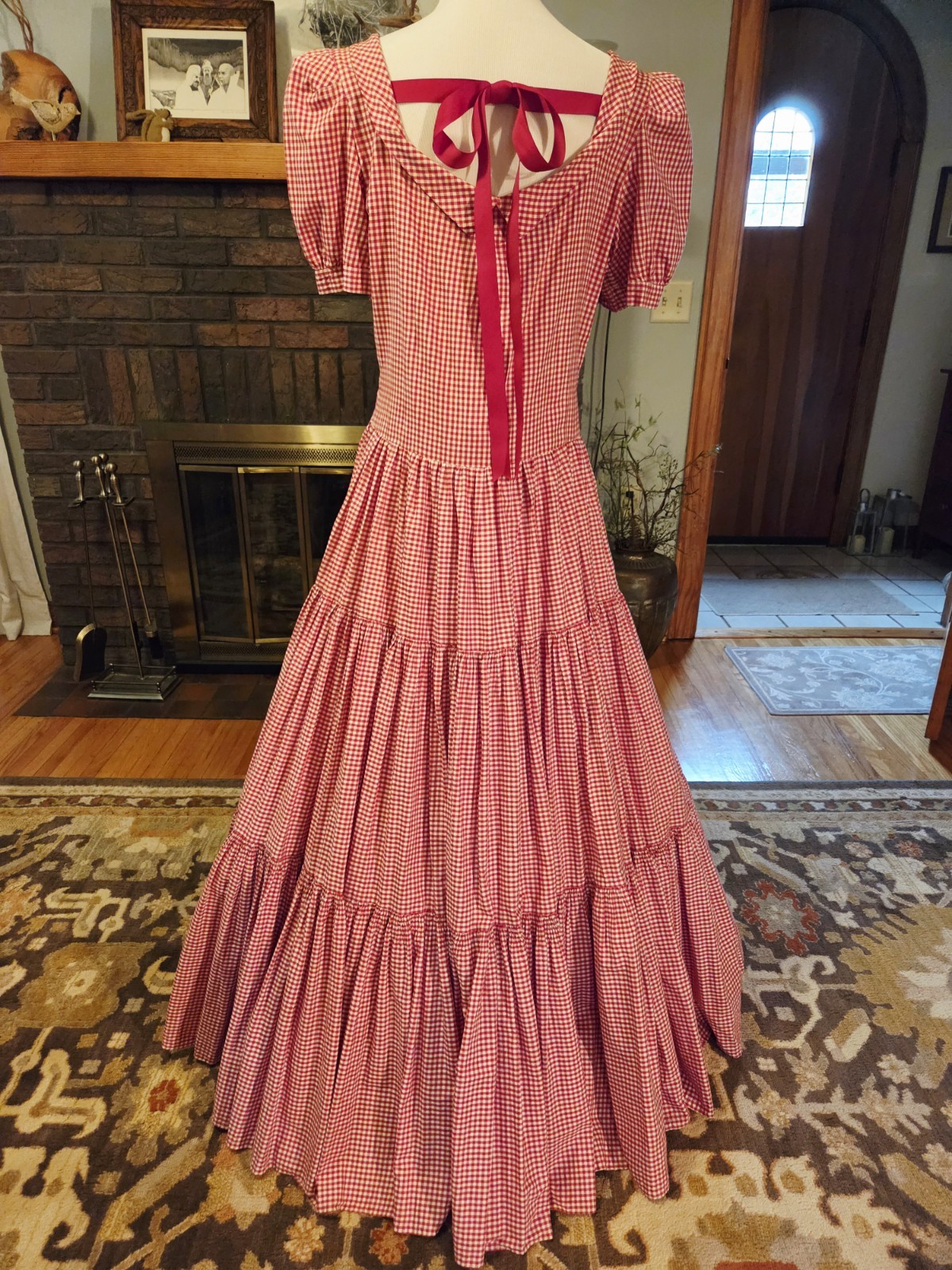 Vintage 40s 50s tiered long Red Gingham dress, Stupendous 600″ sweep! B42″, W34″