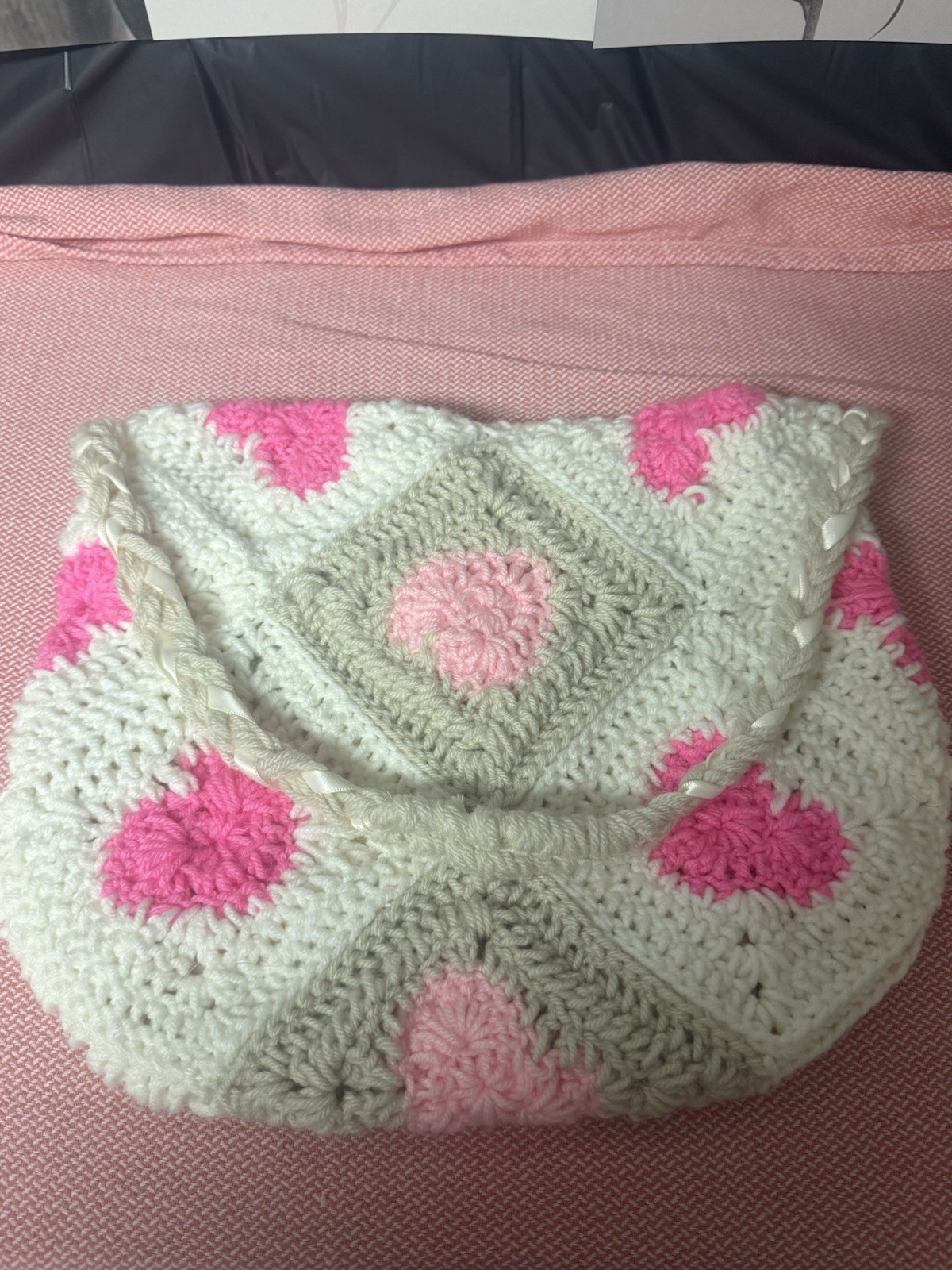 Crochet Pink and White Shoulder Bag with Inside Lining and Pockets