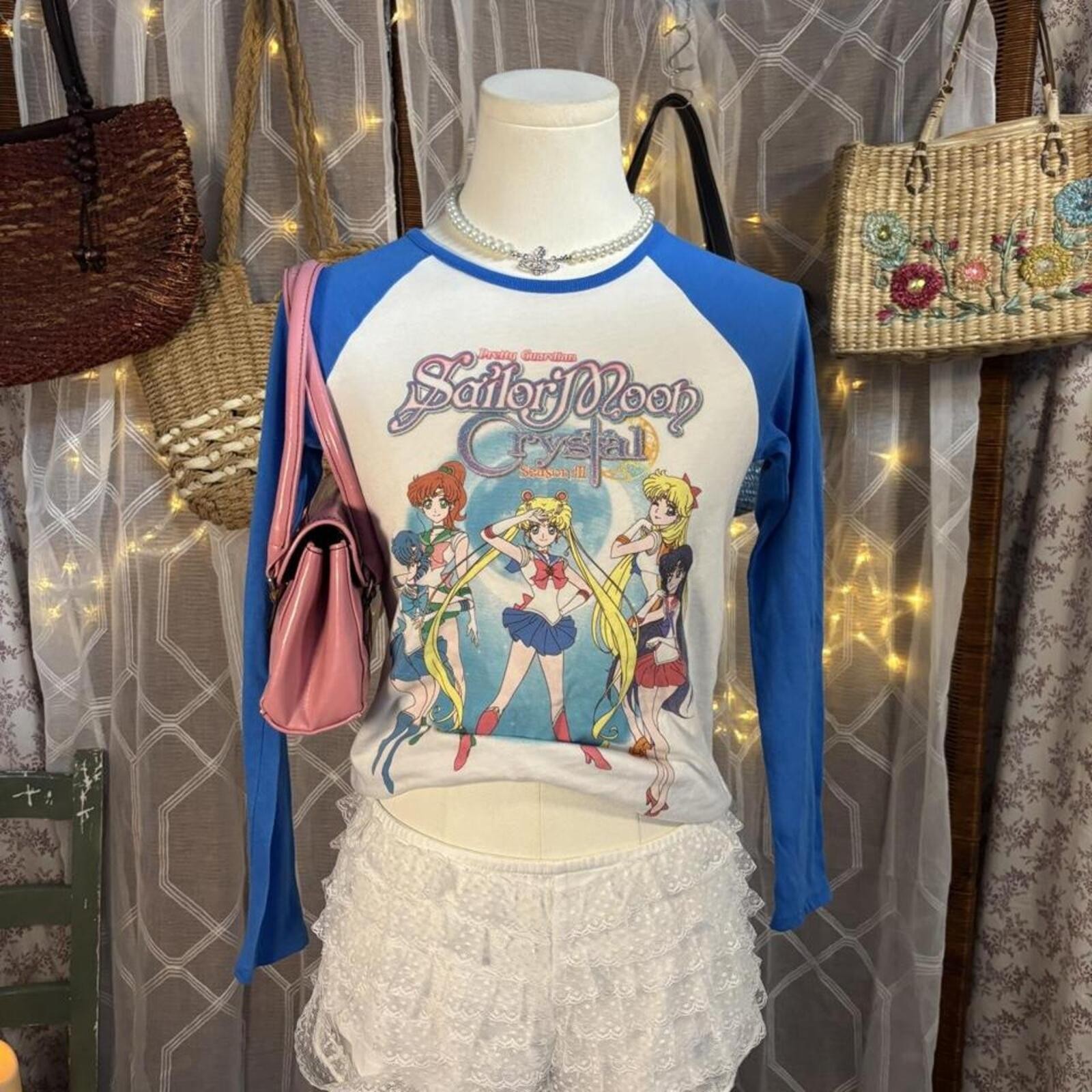 Sailor Moon Crystal Anime Graphic Raglan Tee Long Sleeve Y2K Kawaii Womens S
