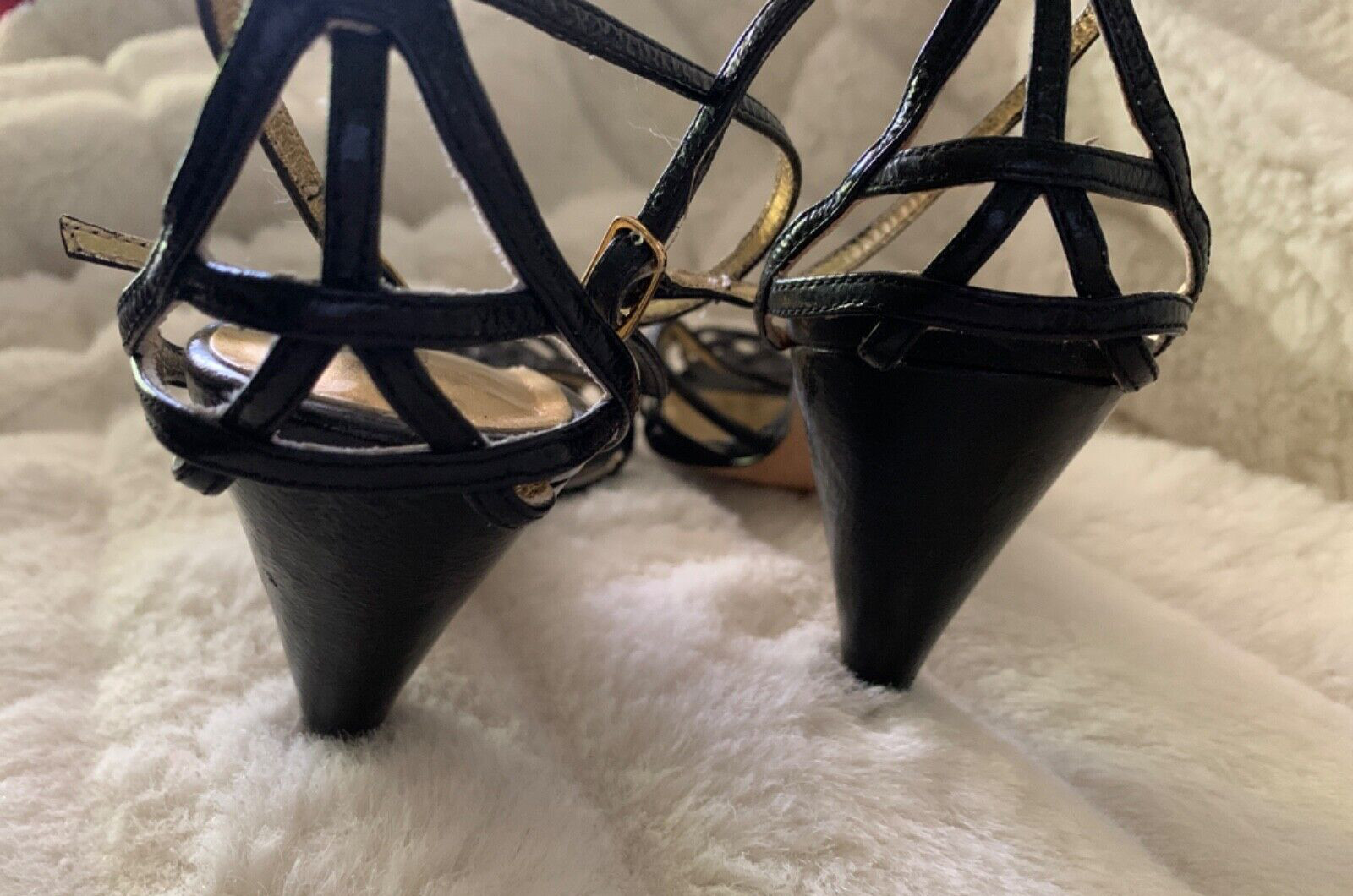 JESSICA BENNETT SIZE 8.5 BLACK Leather Short Heel Ankle Strap Cut Outs Open Toe
