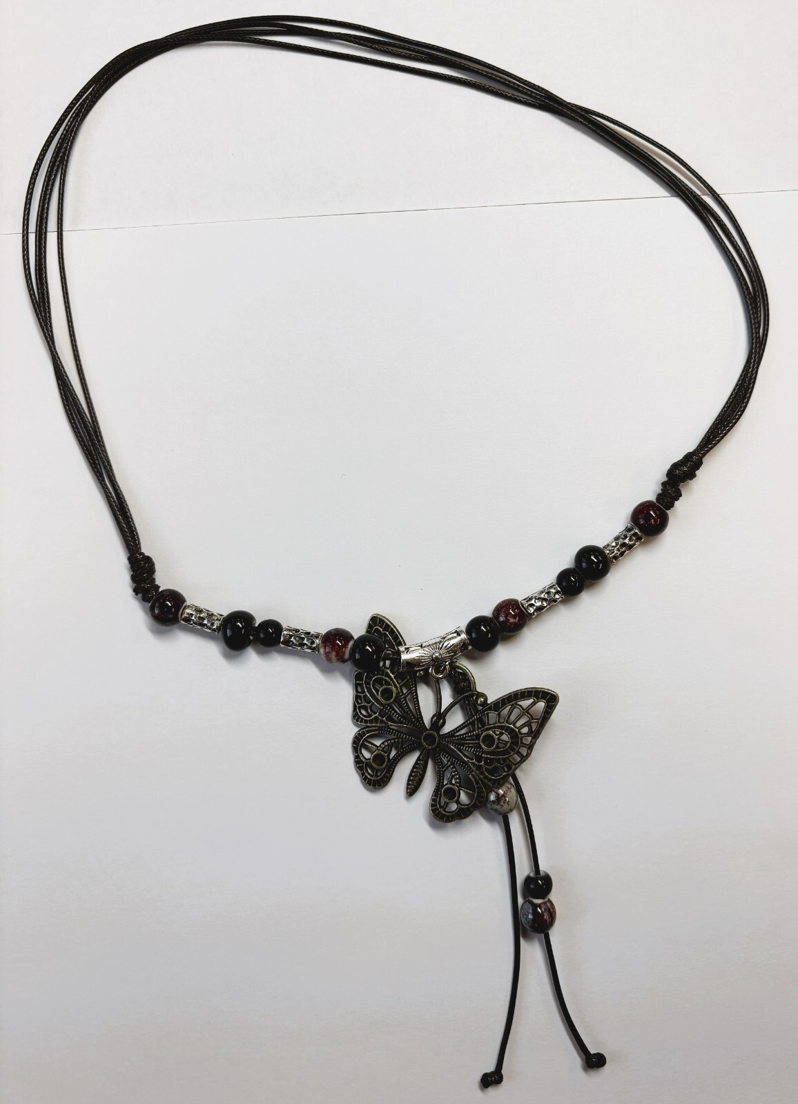 Black White Bead Silver Butterfly Pendant Charm Blessing Vintage Necklace