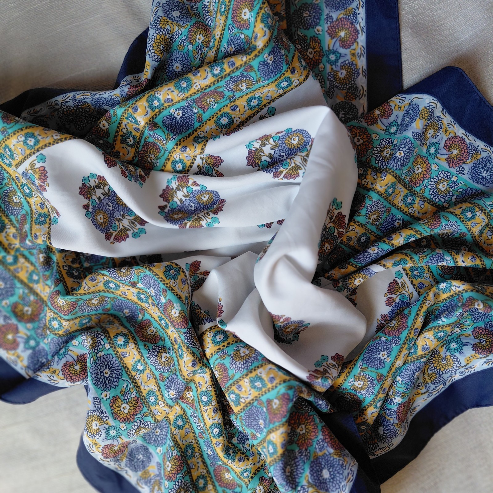 Vintage Blue Floral Medallion Square Scarf Boho Festival Head Wrap Neckerchief
