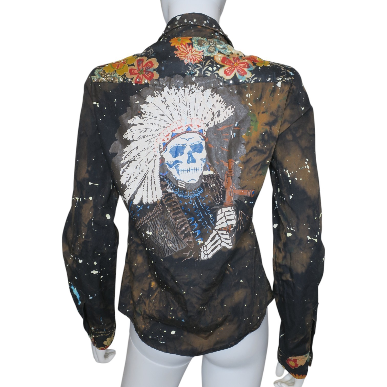 Vintage GRAIL Pearl Snap Shirt Distressed Paint Splat Indian Chief Skull SM/MED