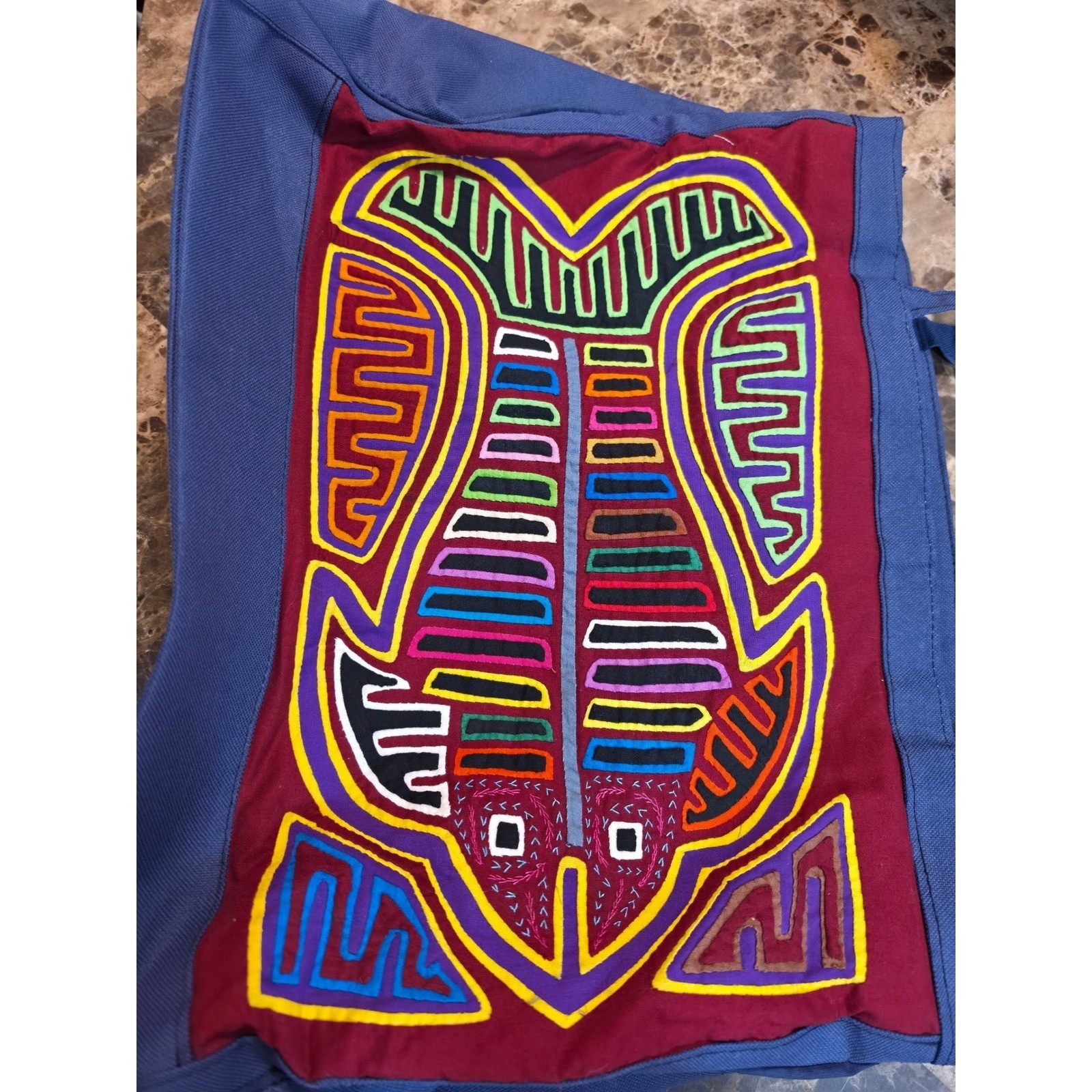 Vintage Panama Mola Art Tote Bag Hand Embroidered Fish Design Canvas Shoulder