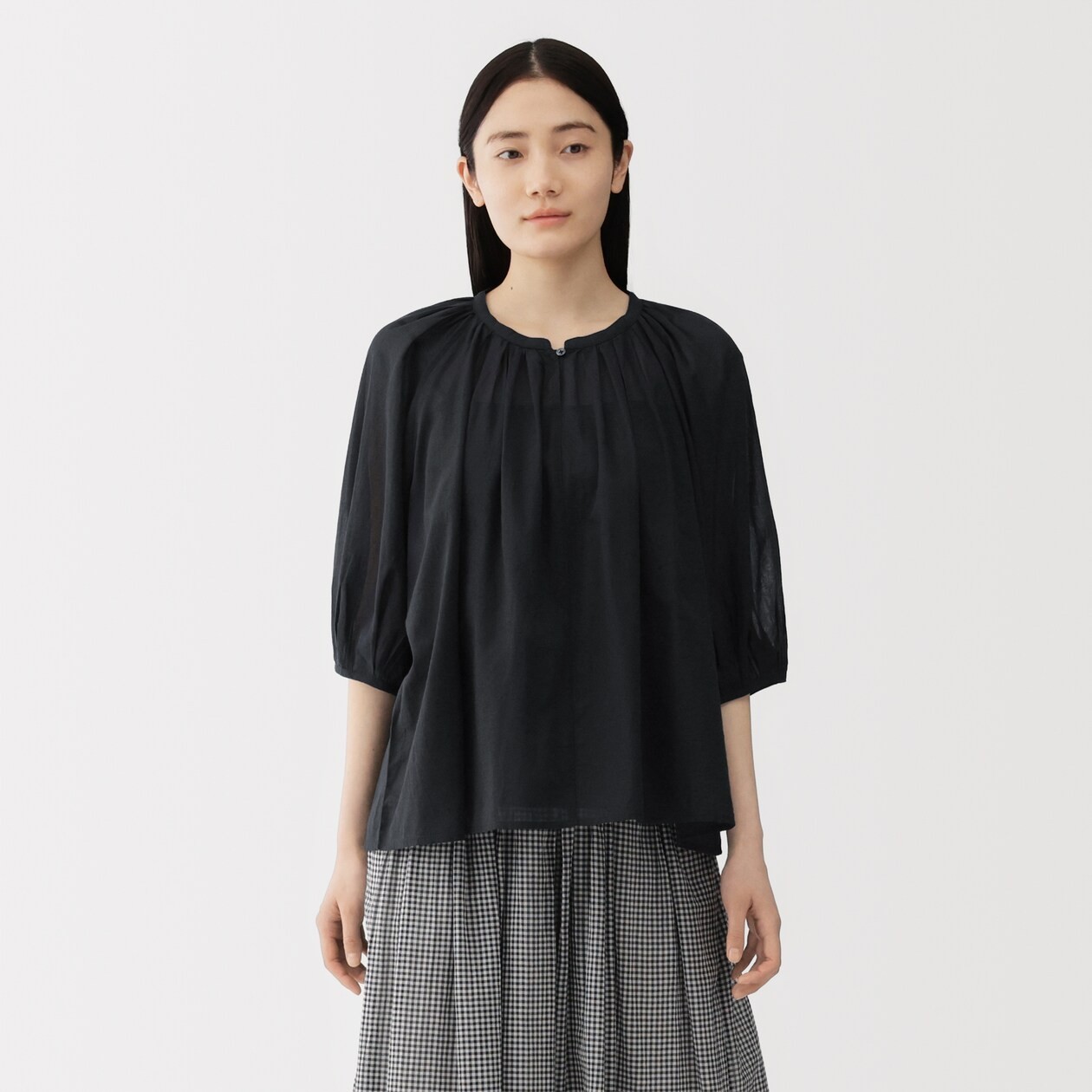 MUJI Womens 100% Organic Cotton Sheer Half Sleeve Blouse Black FedEx