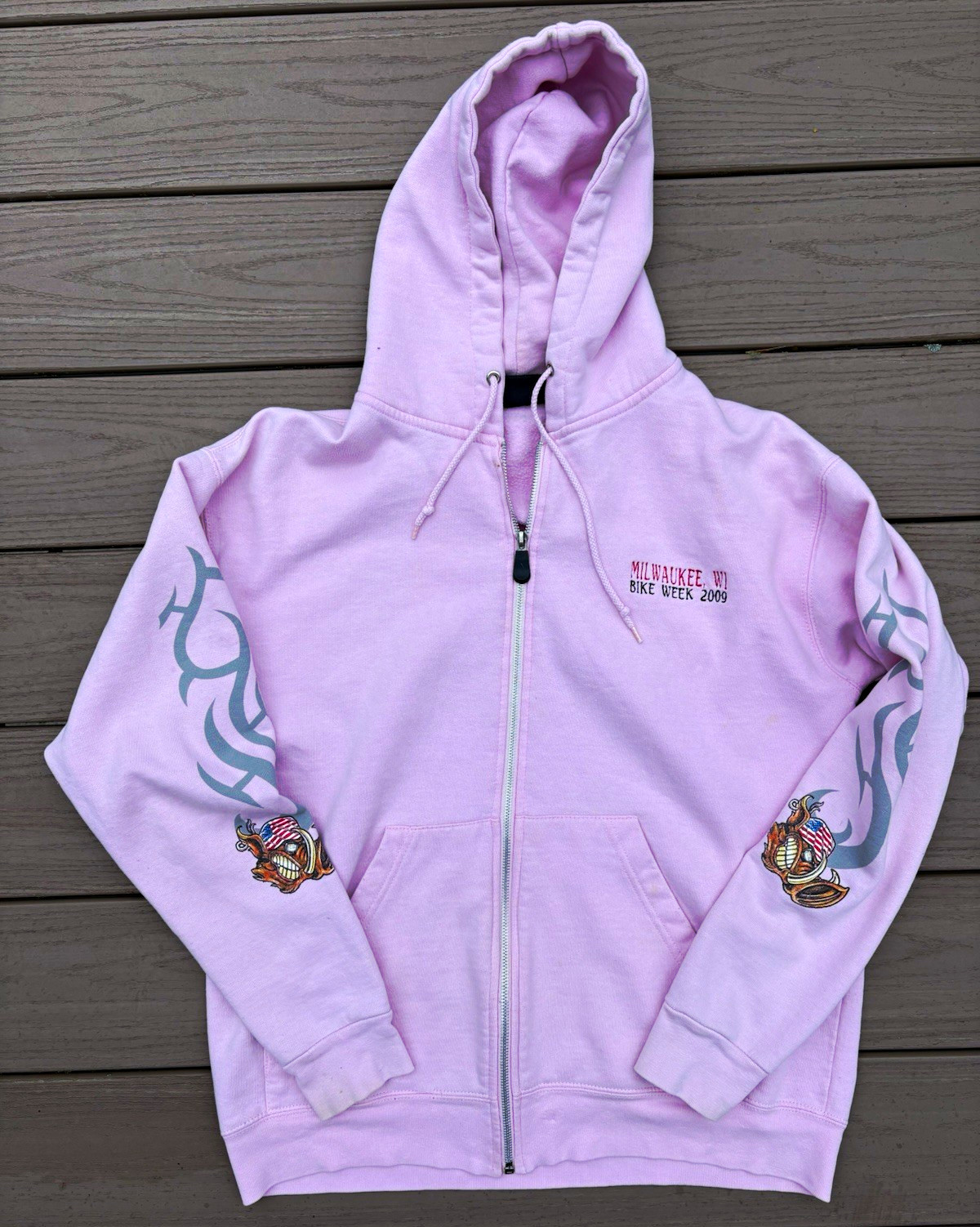 Biker Design Women’s Pink Full Zip Hoodie Size L Milwaukee WI Bike Week 2009