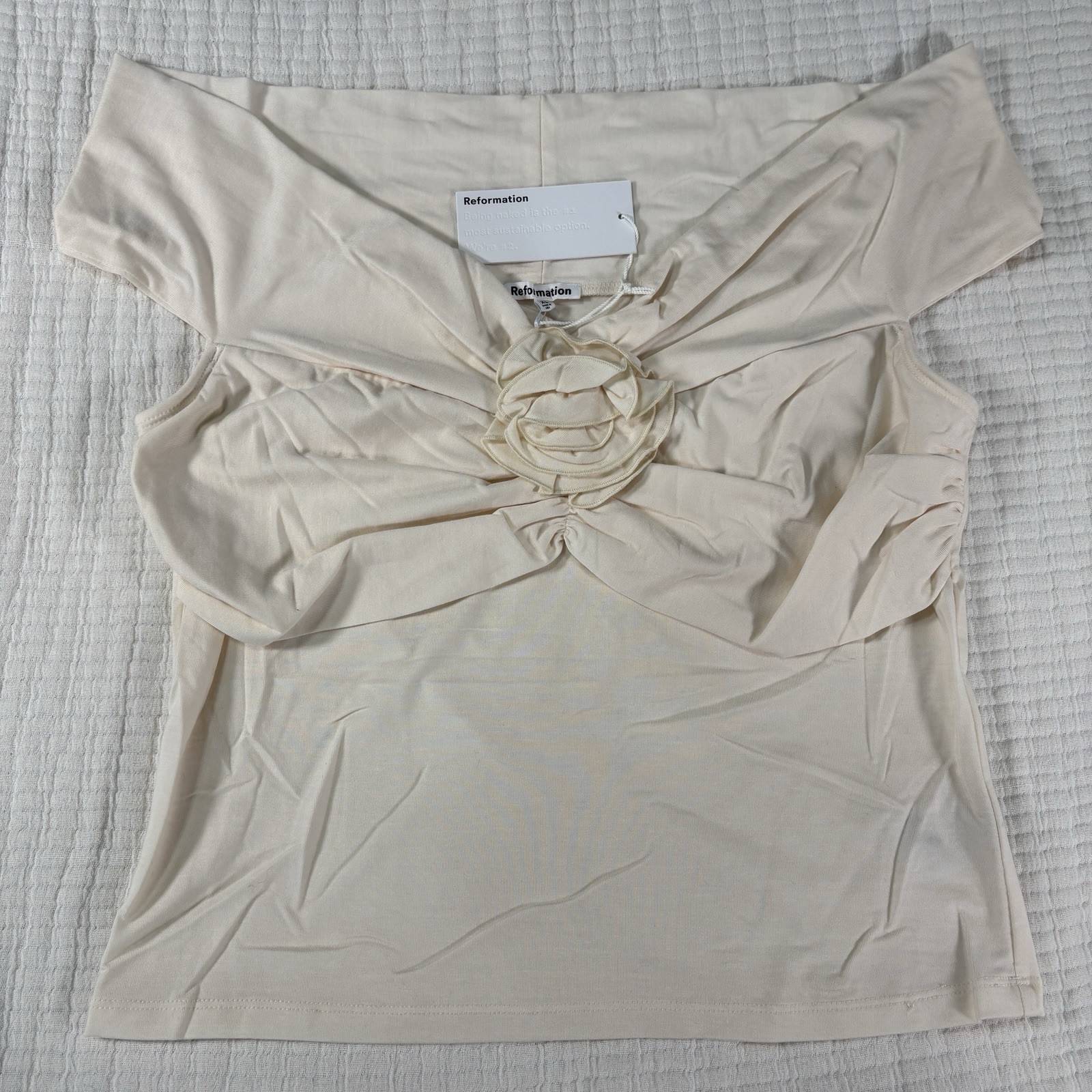 Reformation Emerald Knit Top XL Cream Rosette Off Shoulder Sultry Romantic NEW