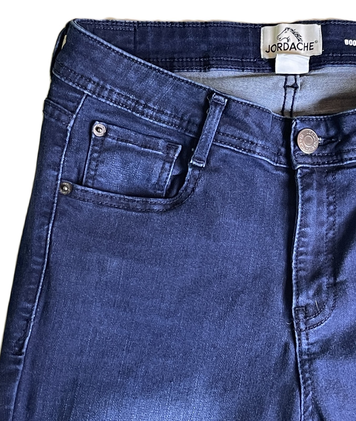 Jordache Jeans Womens Boot cut, Sz 8, dark wash denim, stretch waist, thigh fade