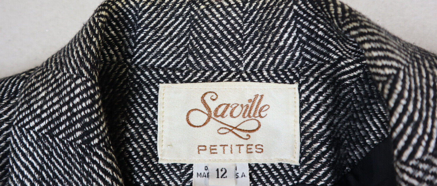 VINTAGE WOMEN’S BLACK & WHITE HERRINGBONE SKIRT SUIT – SAVILLE – SIZE 12P
