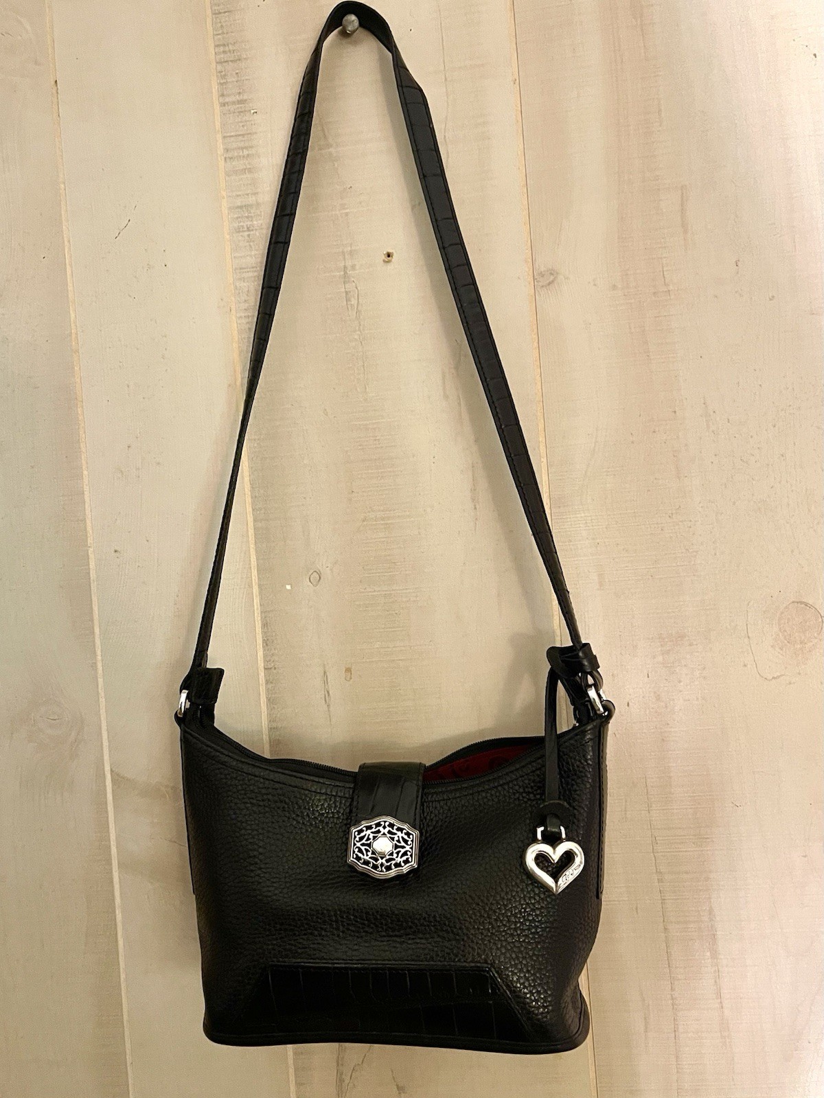 Brighton Black Small Pebbled Shoulder Bag Zip Red Lining Silver Heart Charm
