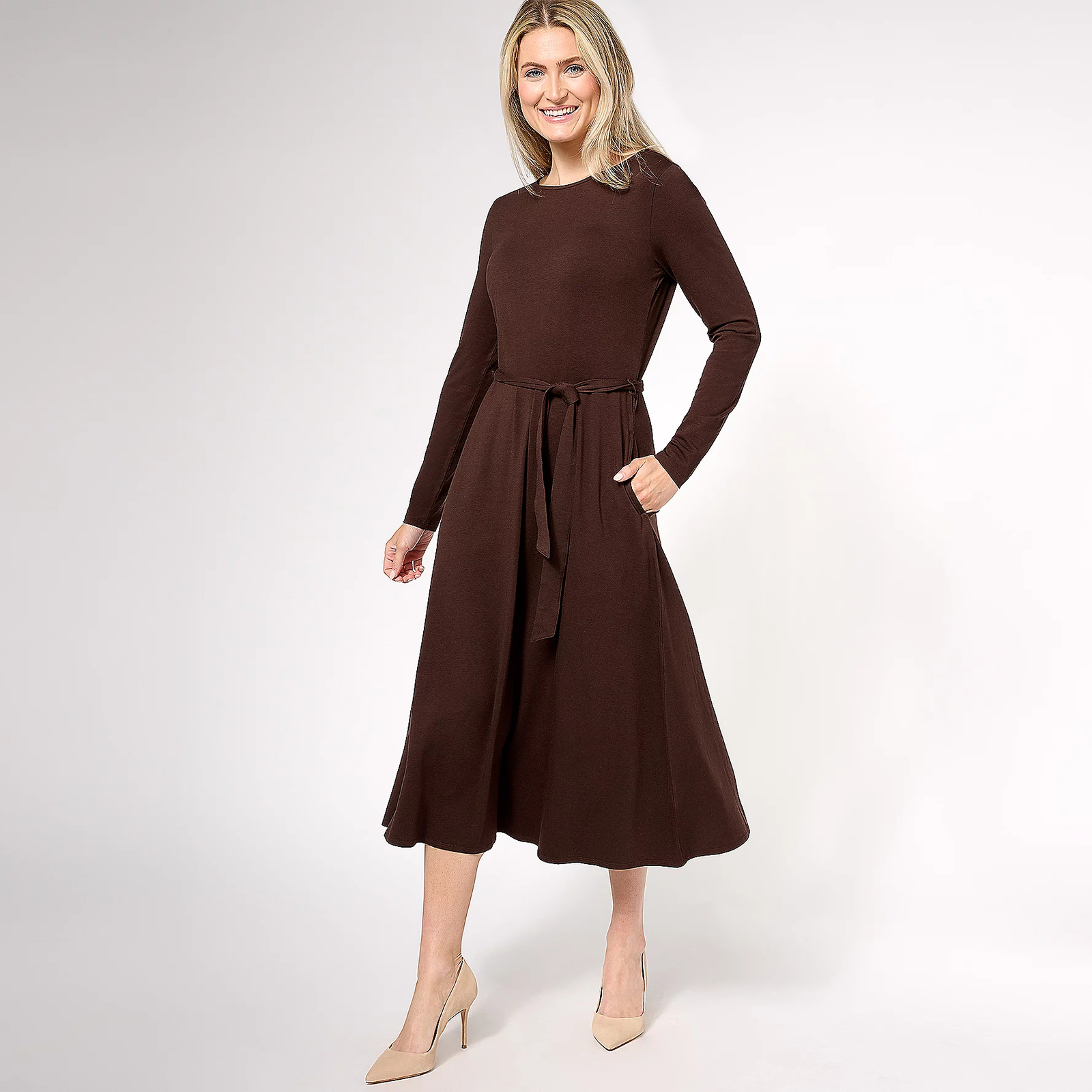 Encore by Idina Menzel Sz XS Regular Long Sleeve Swing Midi Dress BROWN A607768