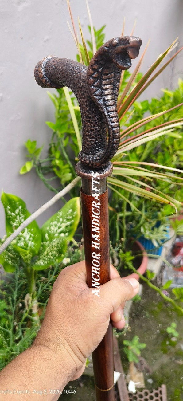 Nautical Antique Designer Snake Cobra Handle brown inlay wooden walking stick