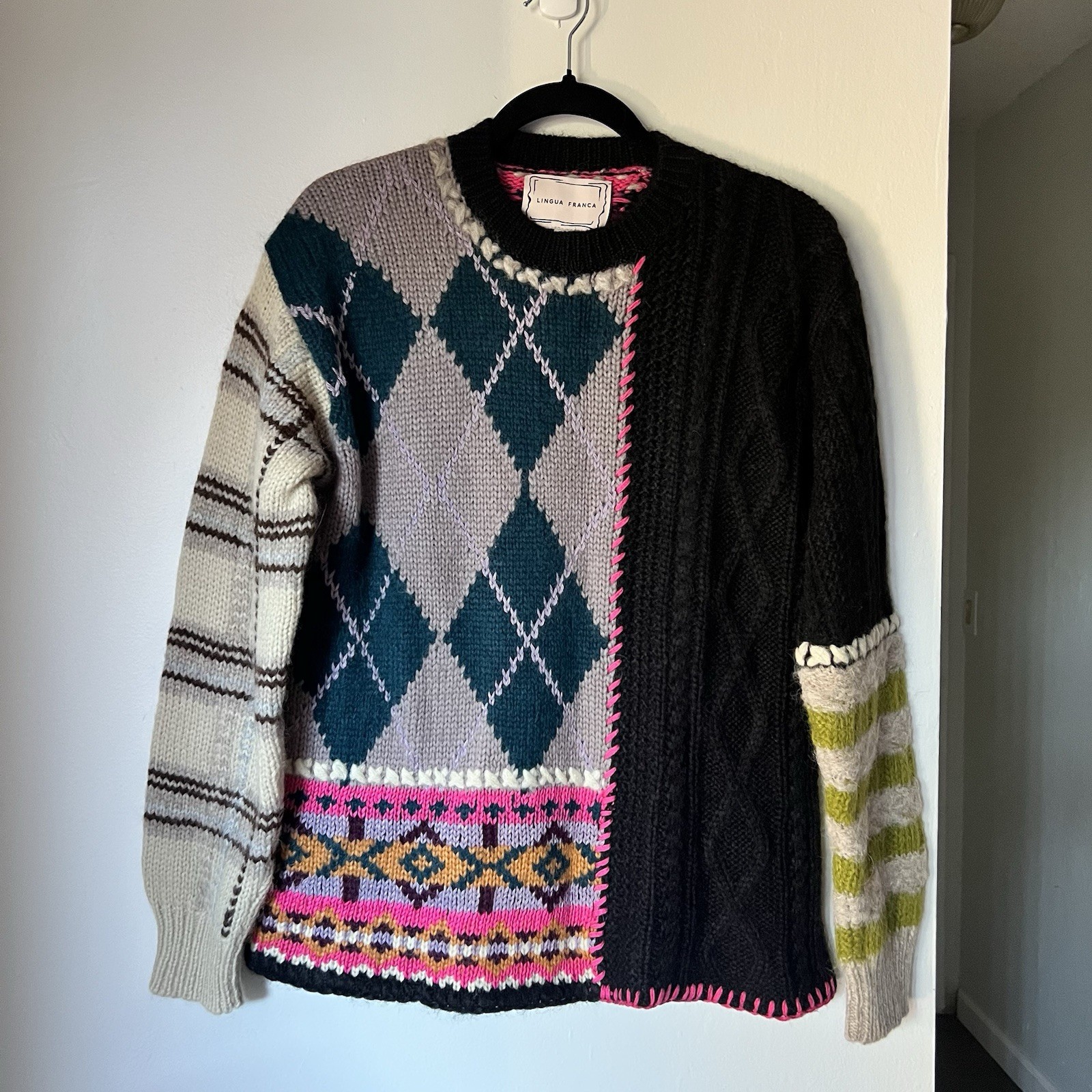 Lingua Franca Hutton Patchwork Crewneck Baby Alpaca Sweater Size XS