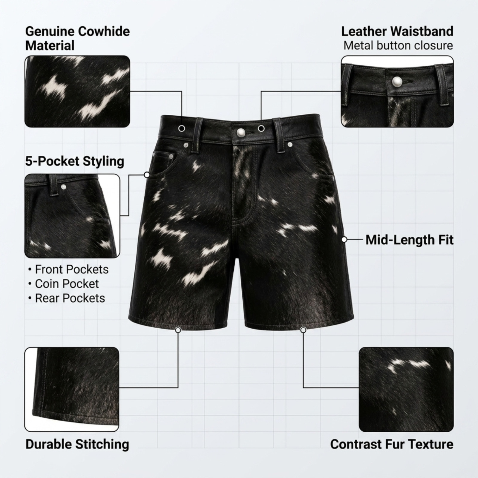 Men’s Natural Cowhide Hair On Leather Shorts Black White Western Rodeo Pants