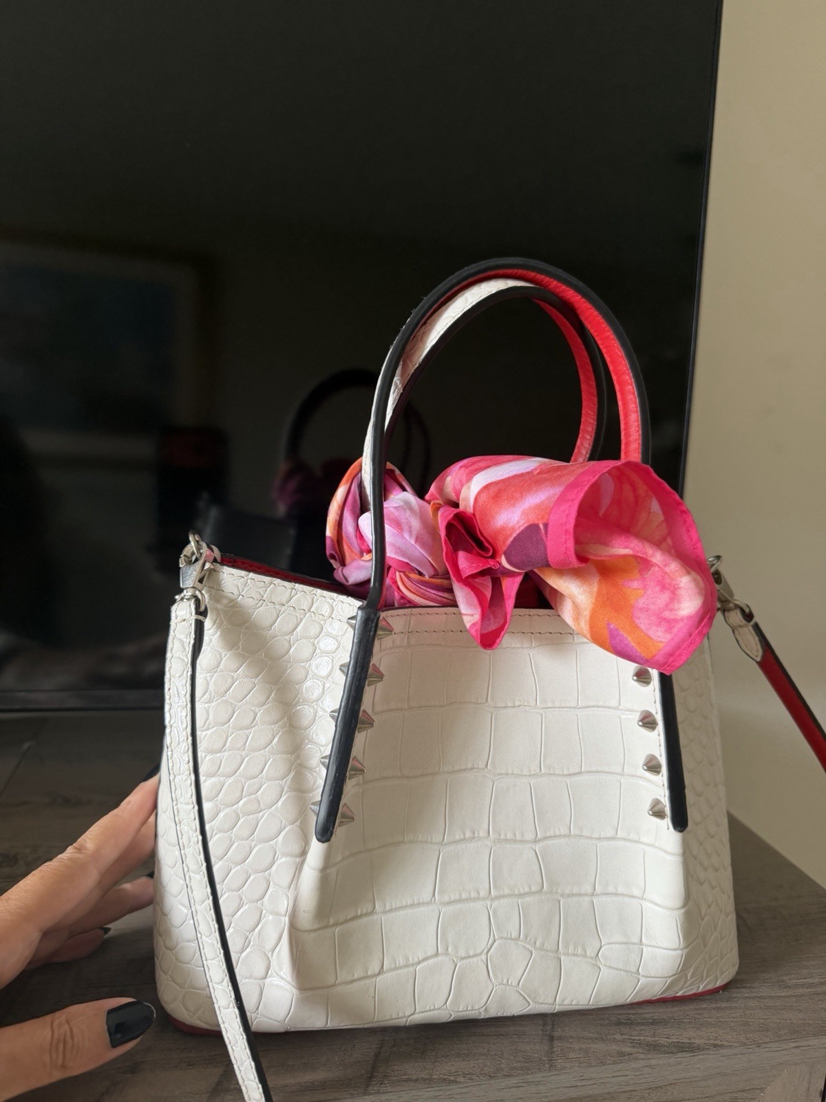 Christian Louboutin White Croc Embossed Paloma Satchel Top Handle w/ Strap Red