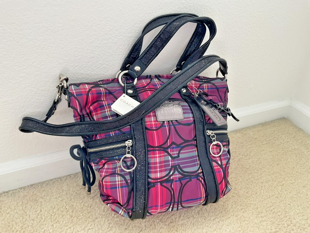 Coach Poppy Glam Tartan Plaid Signature Satchel Crossbody Tote NWT Pink Black