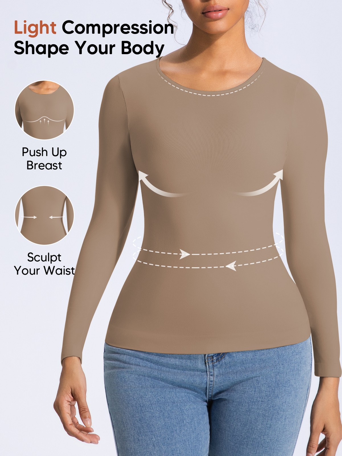 Women’s Long Sleeve Light Compression Shapewear – Seamless Waist Sculpting Top