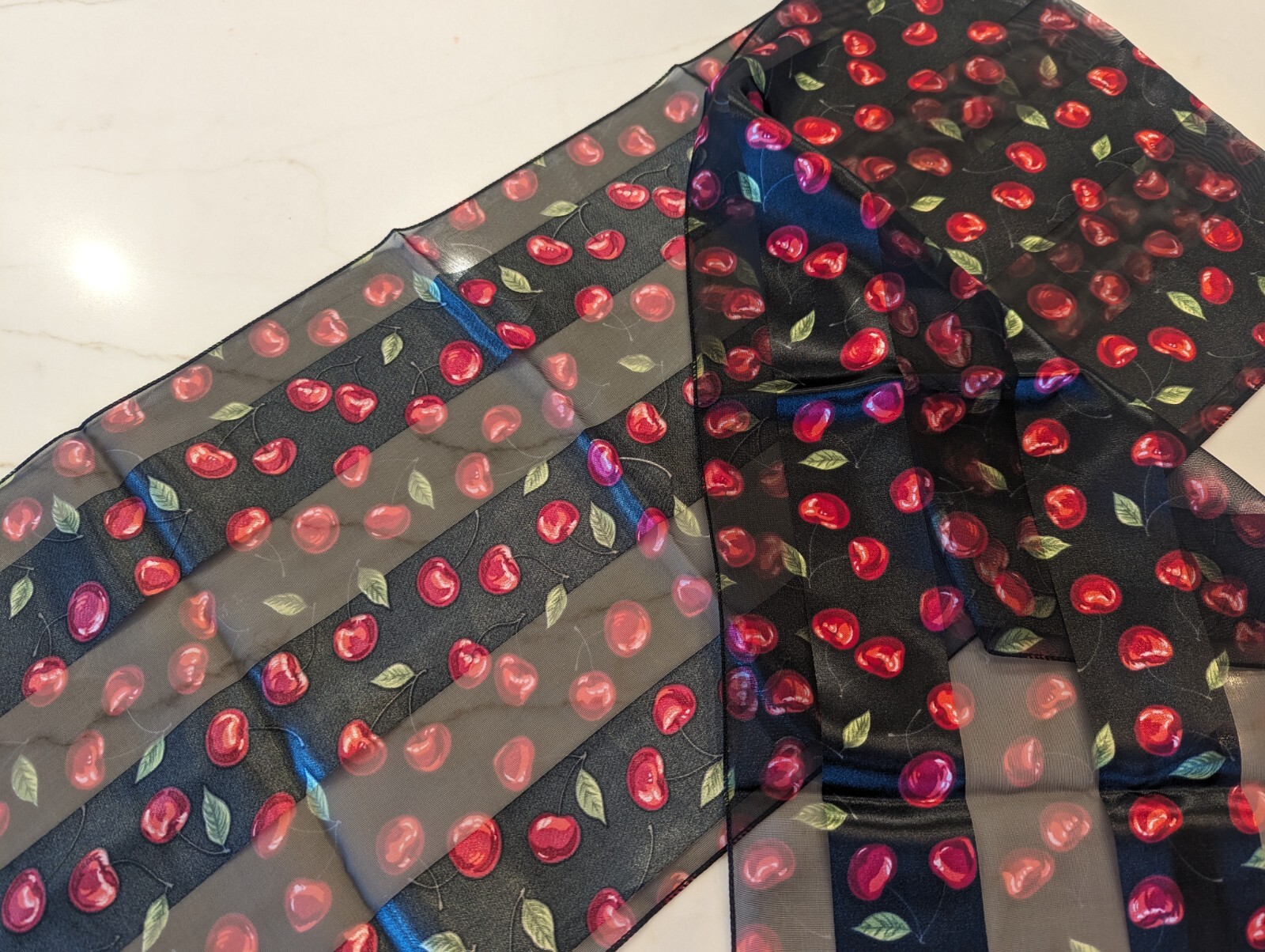 NIB – Silk Feel Scarf in Red, Black & Green Cherry Print – 12.5″x58″ -Polyester