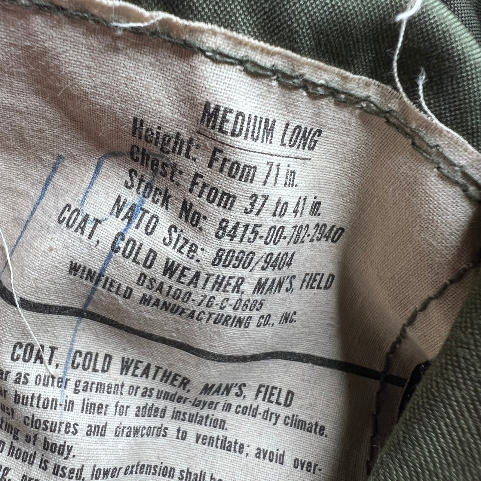 Vintage 1976 US Military M-65 Field Jacket Winfield Olive Drab Medium Long Liner