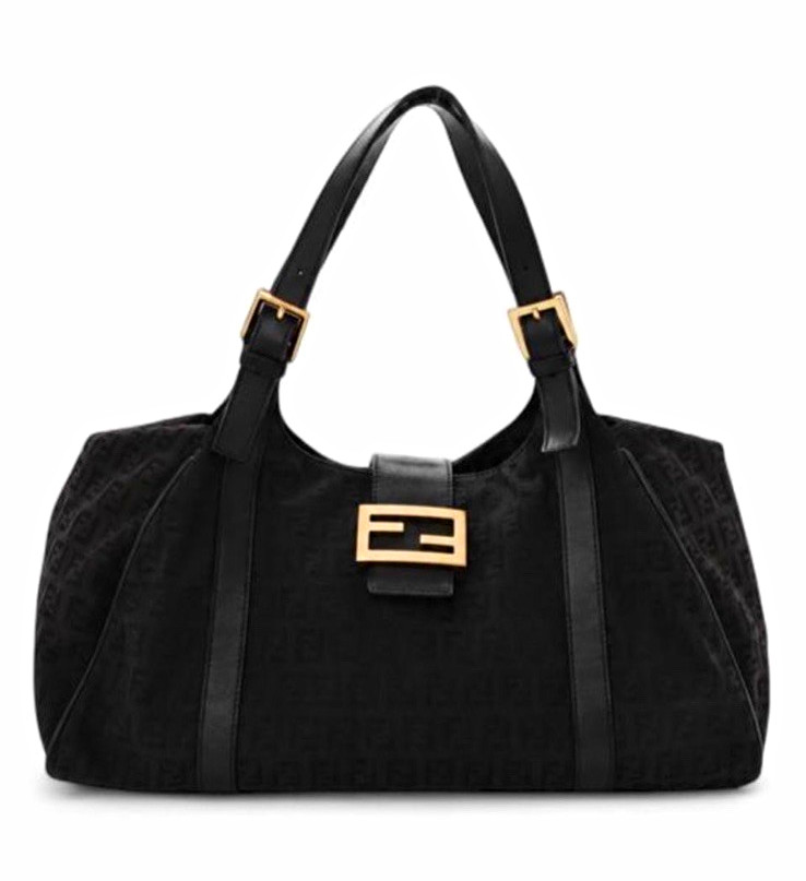 Fendi Black Logo Shoulder Bag Gold Hardware Zip Closure Buckle Accent