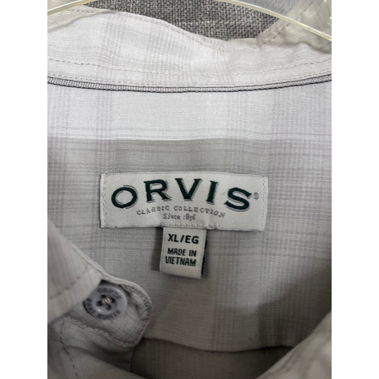 Orvis Mens XL Gray Plaid Short Sleeve Button Down Shirt Dual Pocket Classic Col.
