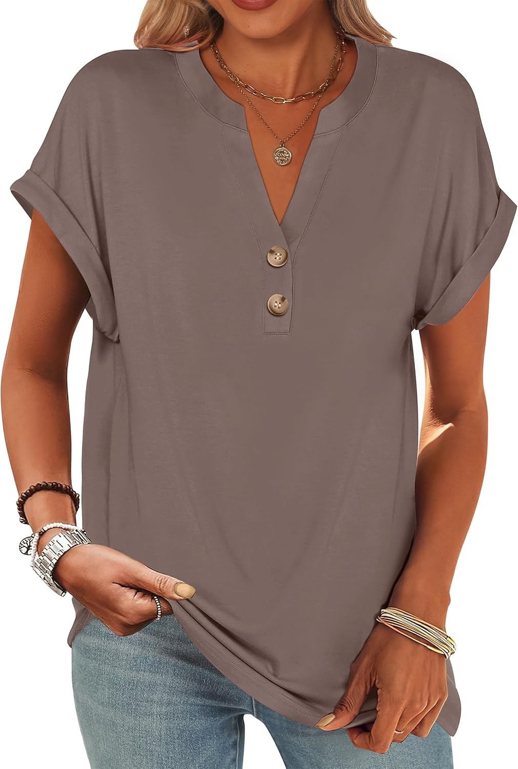 Womens Henley V Neck Short Sleeve Loose Fit Casual Summer Tunic Blouse Top