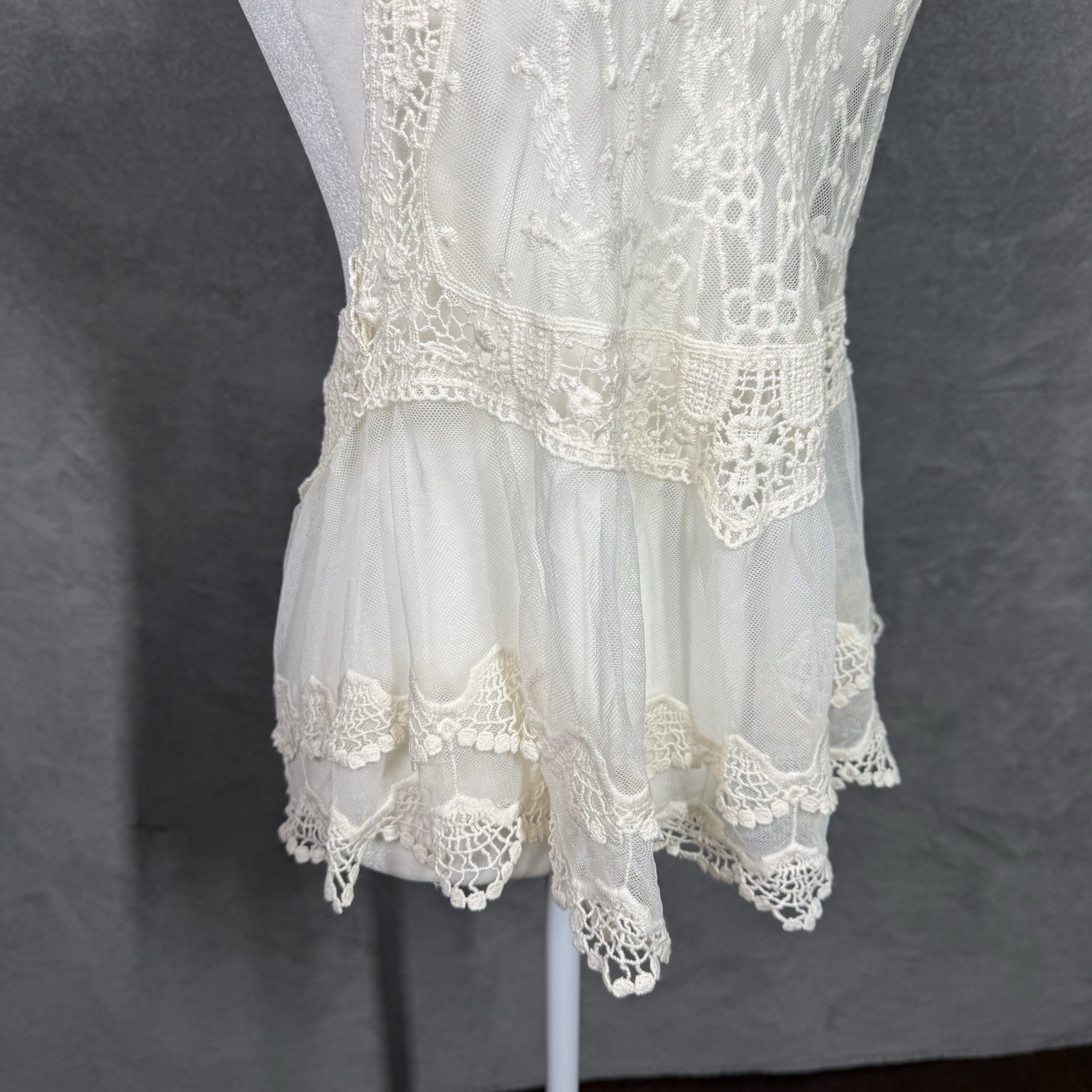Lace Tank Top Boho Sheer Crochet Mesh Racerback Ruffle Hem One Size Ivory