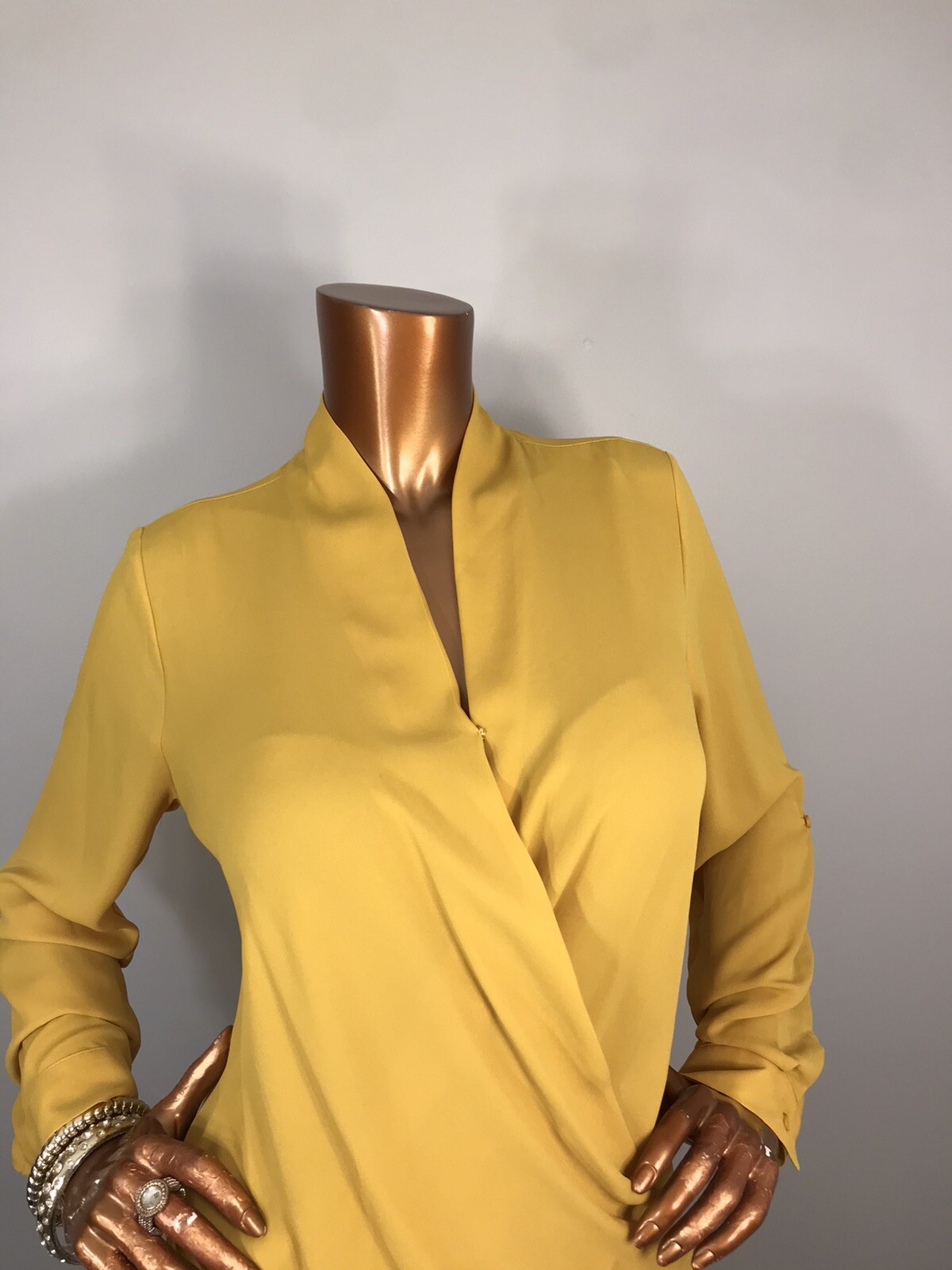 Pleione S Top Mustard Long Slvs Low V Cut Crossbody Blouse NWT High Low