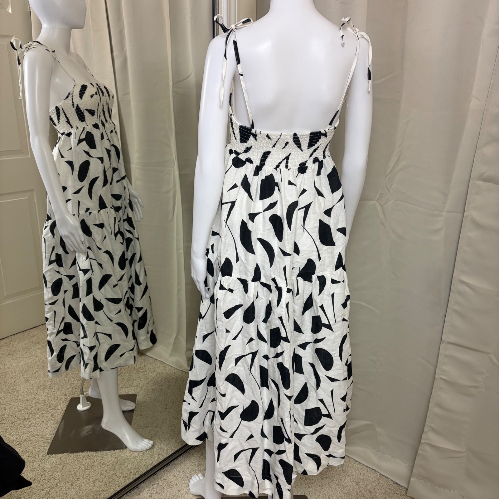 ASTR The Label Black Abstract Linen Smocked Midi Dress AC Womens Medium