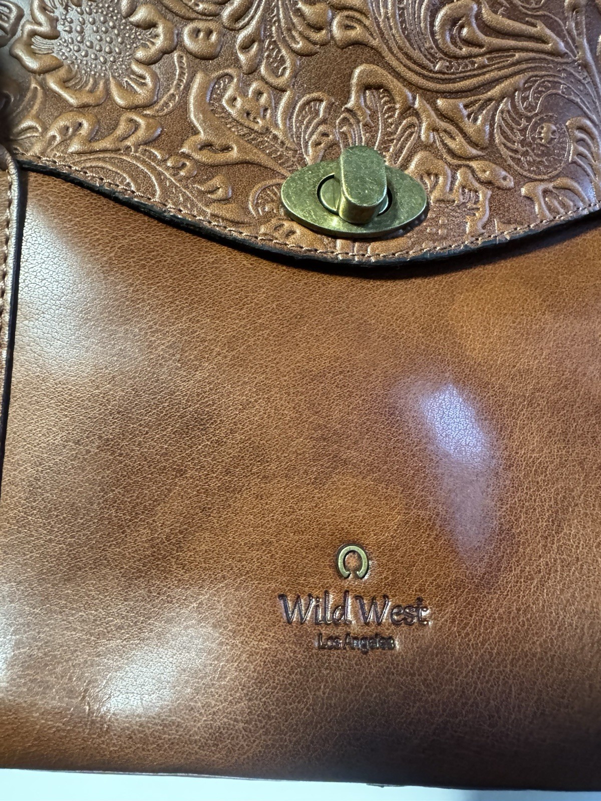 Wild West Los Angeles Floral Embossed Leather Purse Brown Tote NWT Plaid Lining