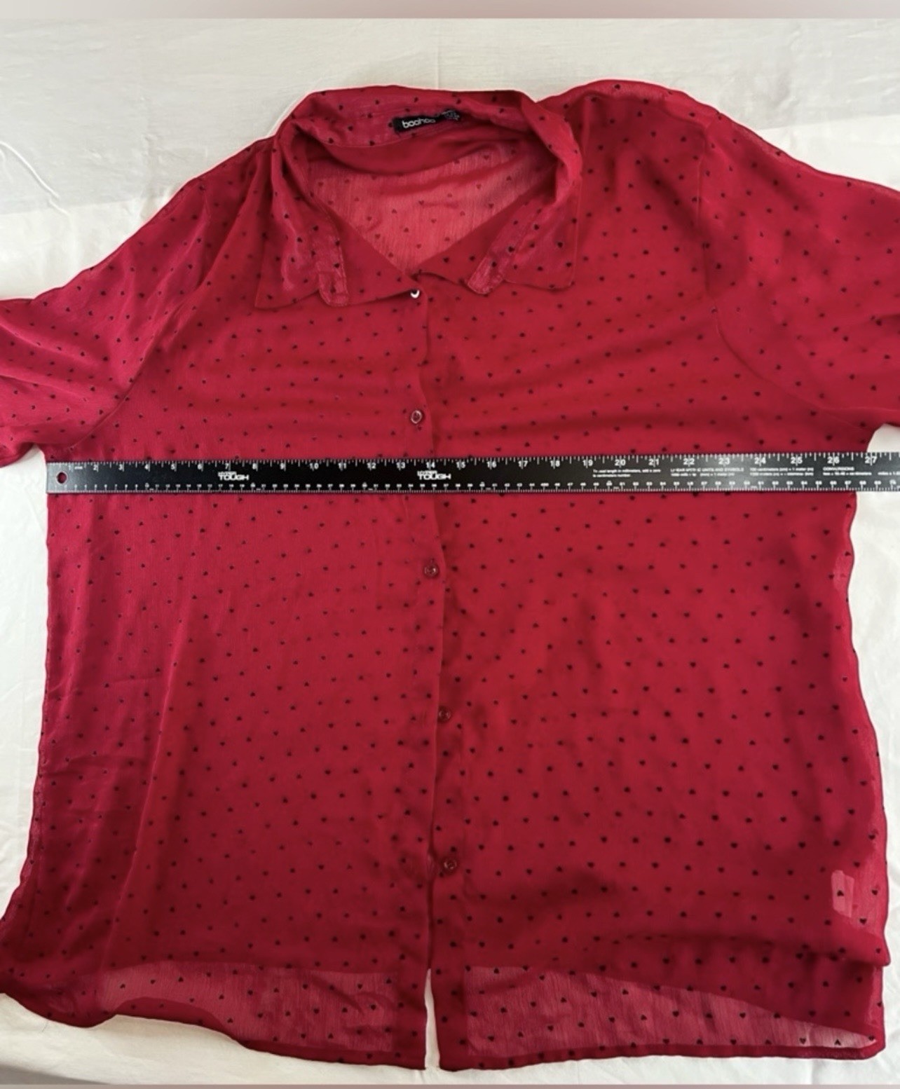 boohoo Red Sheer Chiffon Heart Print Collared Button-Up Long Sleeve Blouse 20